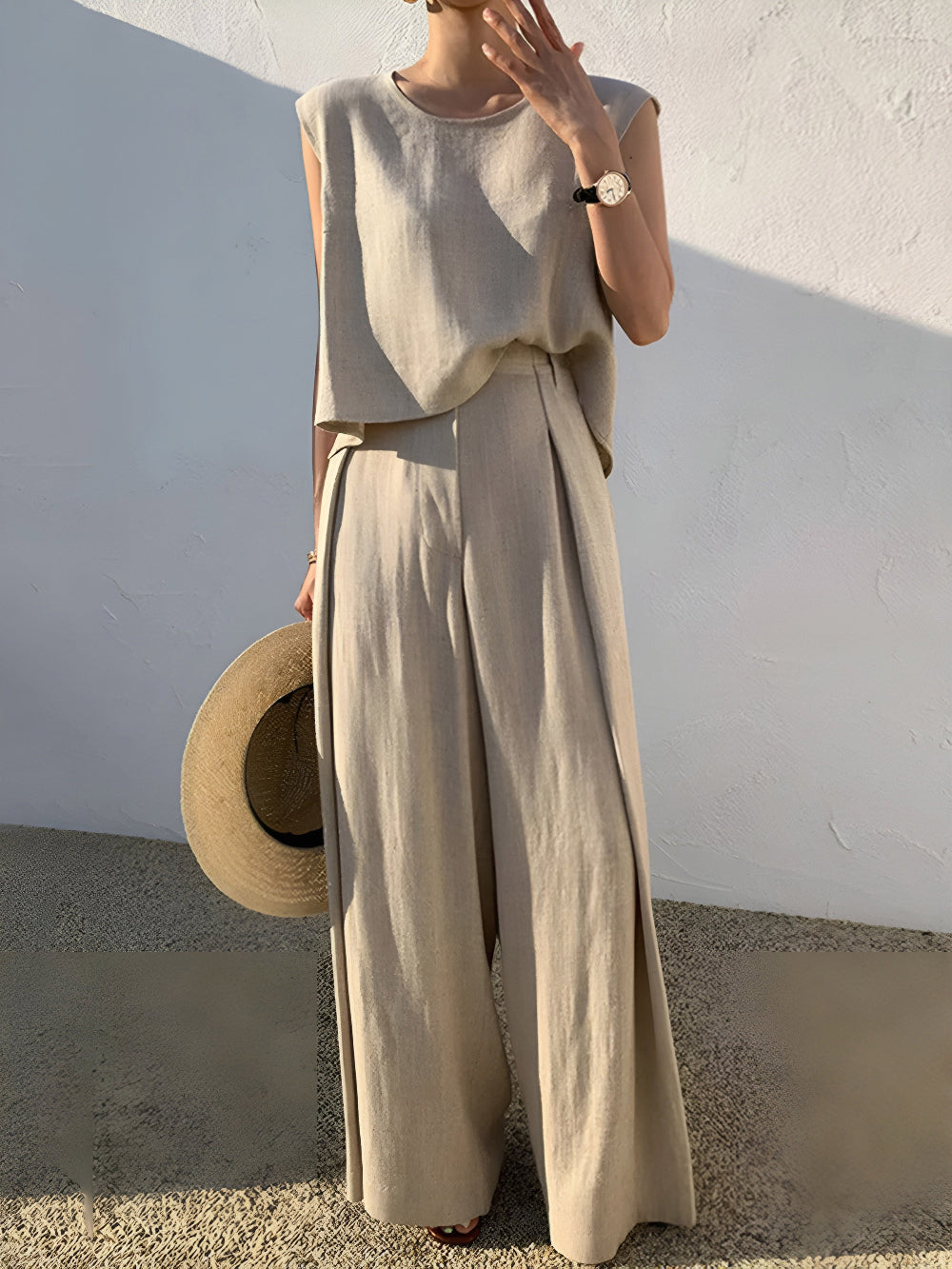 Women beige linen blend casual pants set lightweight breathable straight-leg silhouette everyday comfort