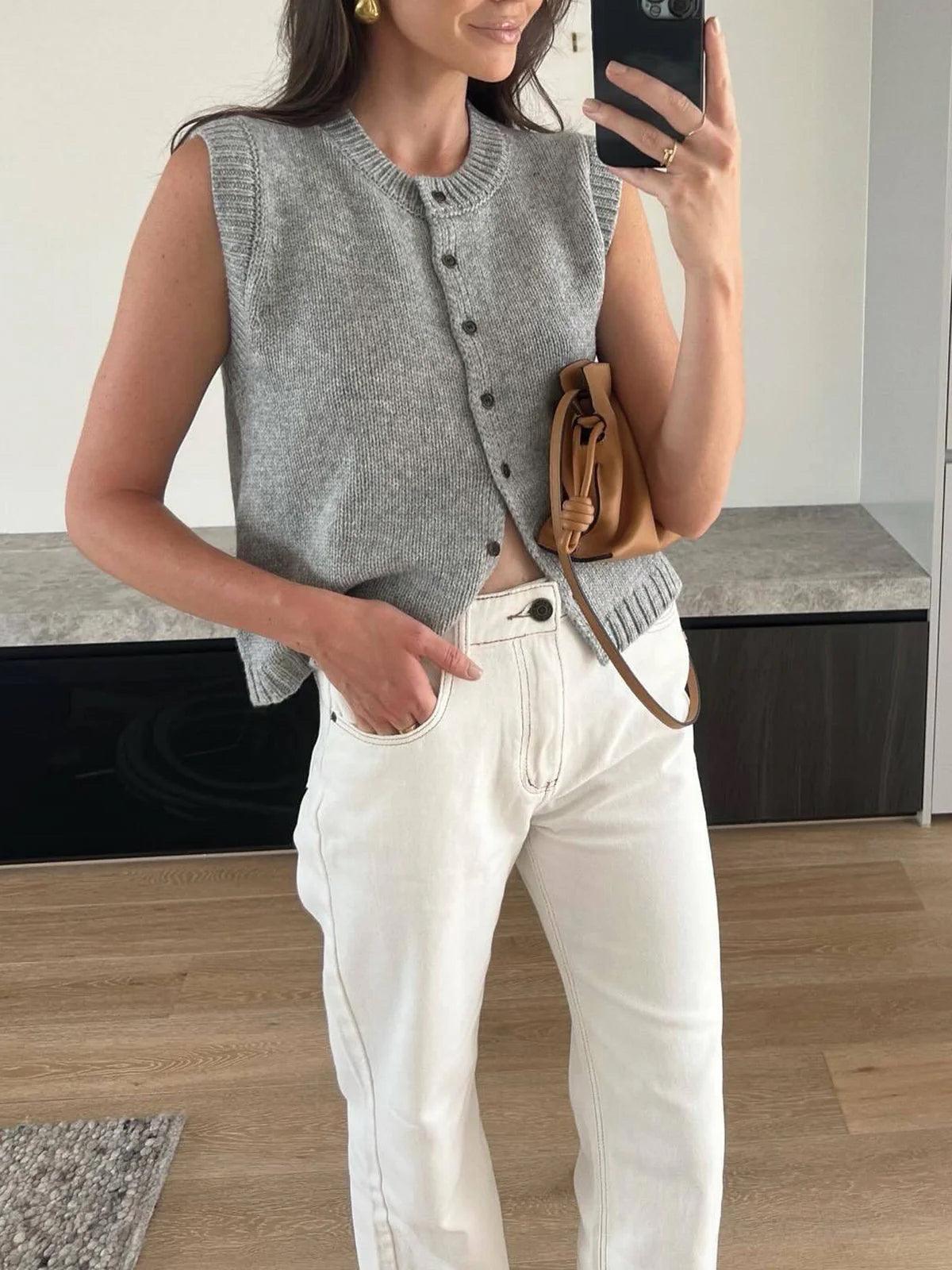Unisex stretch knit button-up sweater vest with elegant front button closure, versatile work-to-weekend style