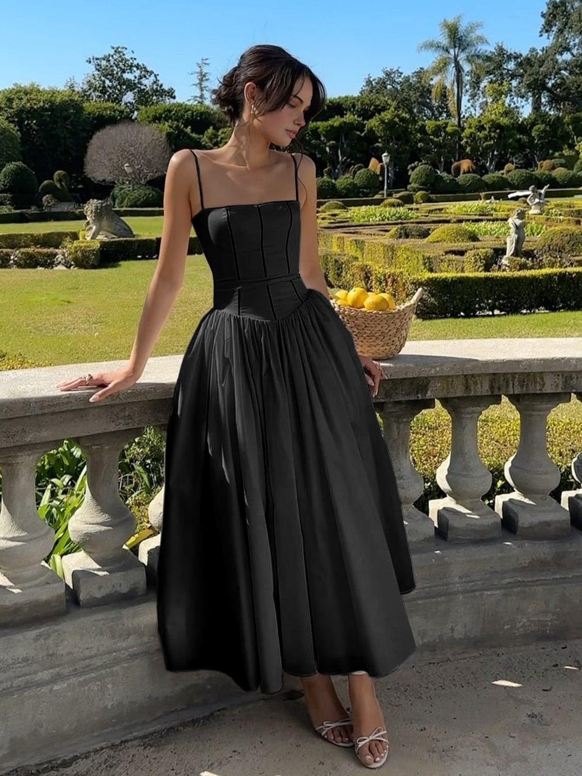 Elegant satin long A-line dress with fitted bodice and spaghetti straps for women