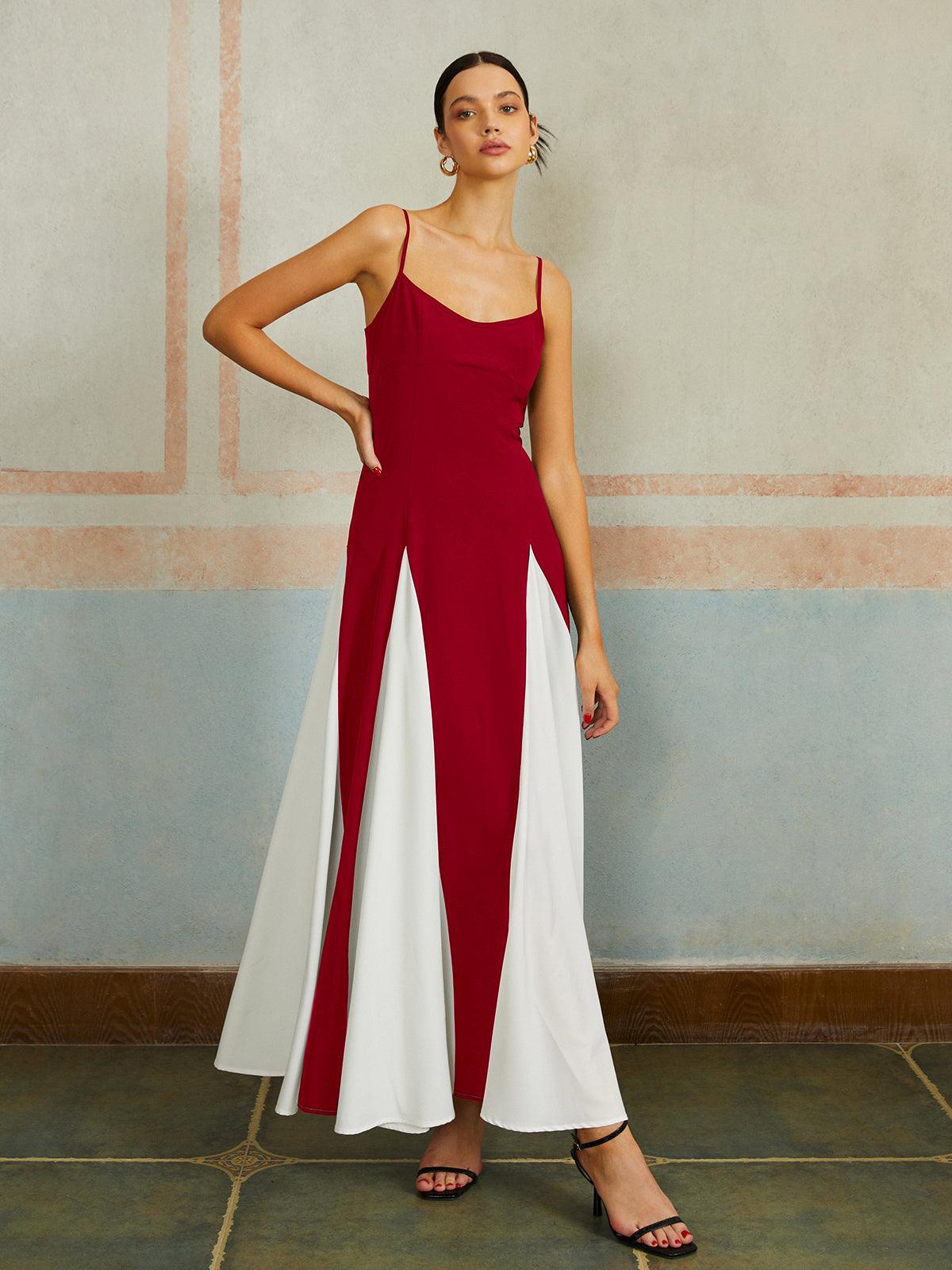 Women's color block spaghetti strap maxi dress elegant sleeveless colorblock vacation partywear