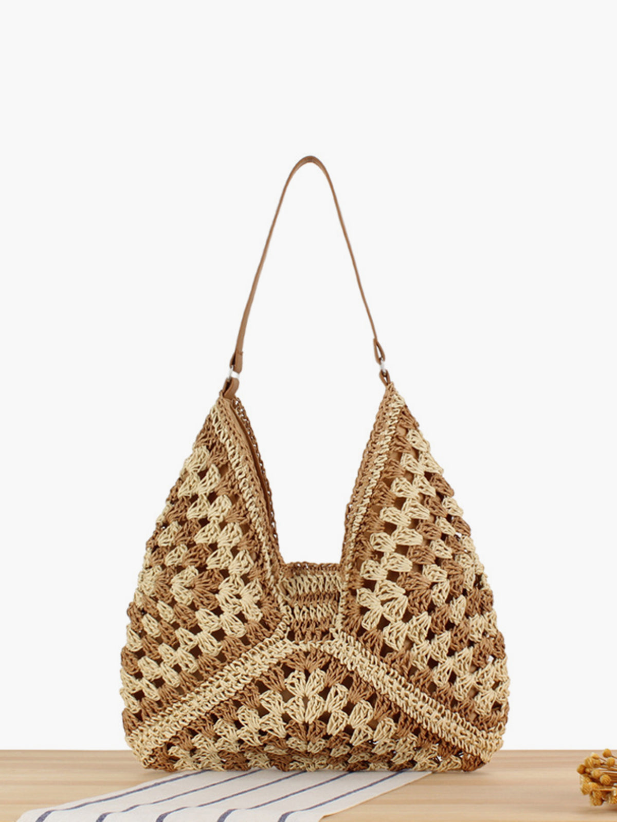 Boho crochet shoulder bag black natural geometric granny square single strap handcrafted beach tote