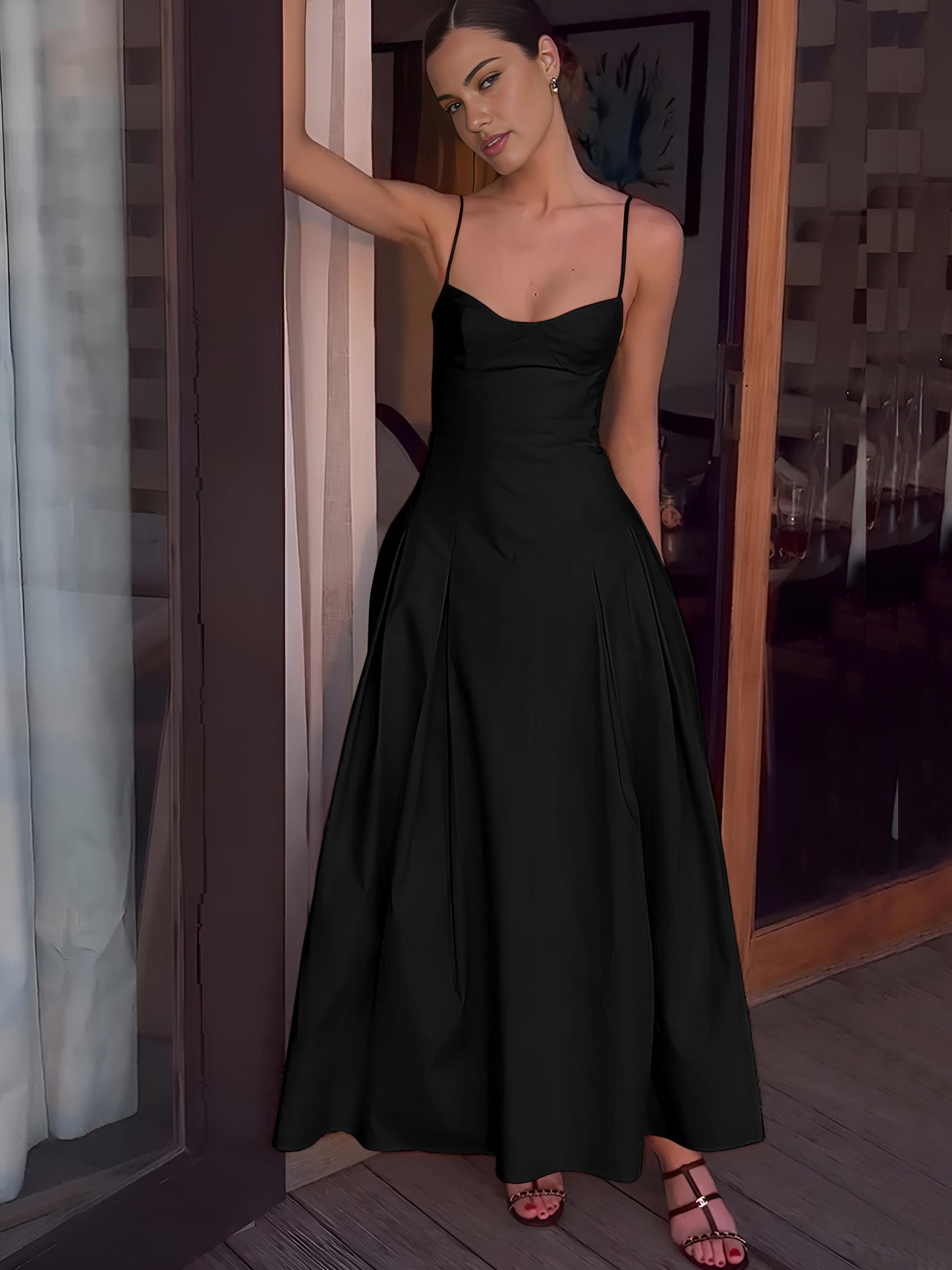 Ivory pleated cami maxi dress sleeveless romantic silhouette with flowing stretch woven fabric