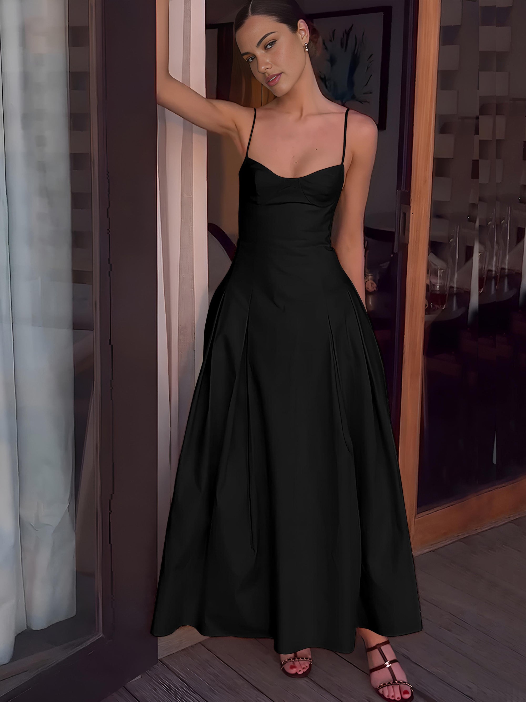 Ivory pleated cami maxi dress sleeveless romantic silhouette with flowing stretch woven fabric