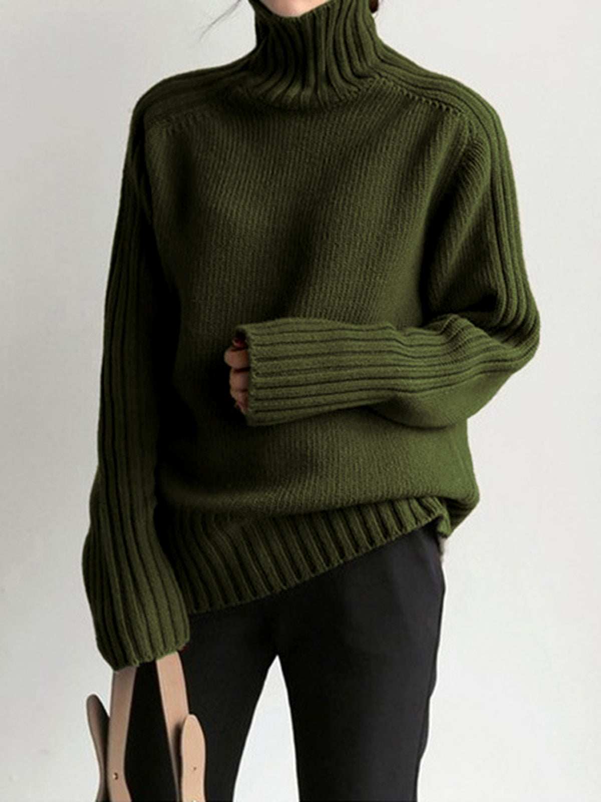 Women's cream ribbed mock neck knit sweater with relaxed silhouette and chunky texture