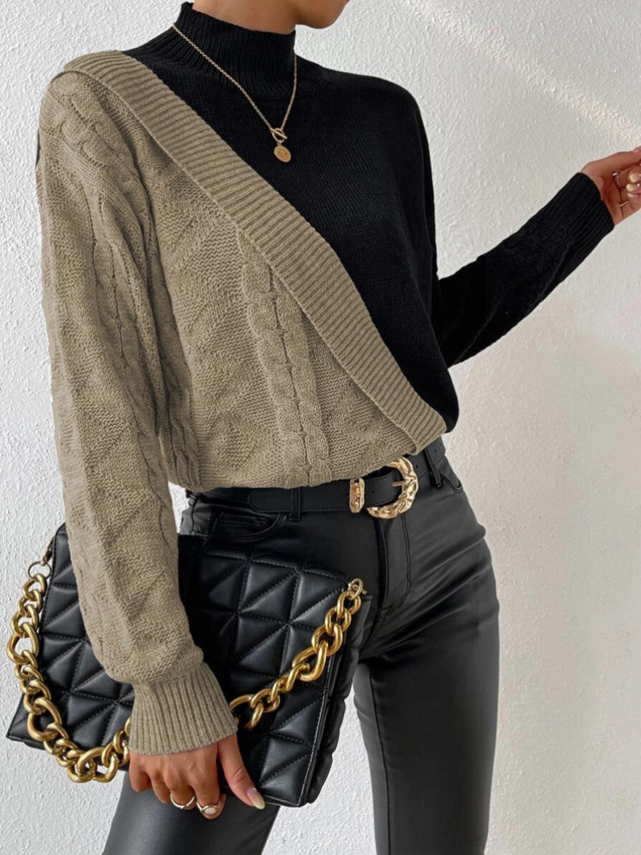 Women's color block knit pullover sweater asymmetrical design elegant versatile acrylic