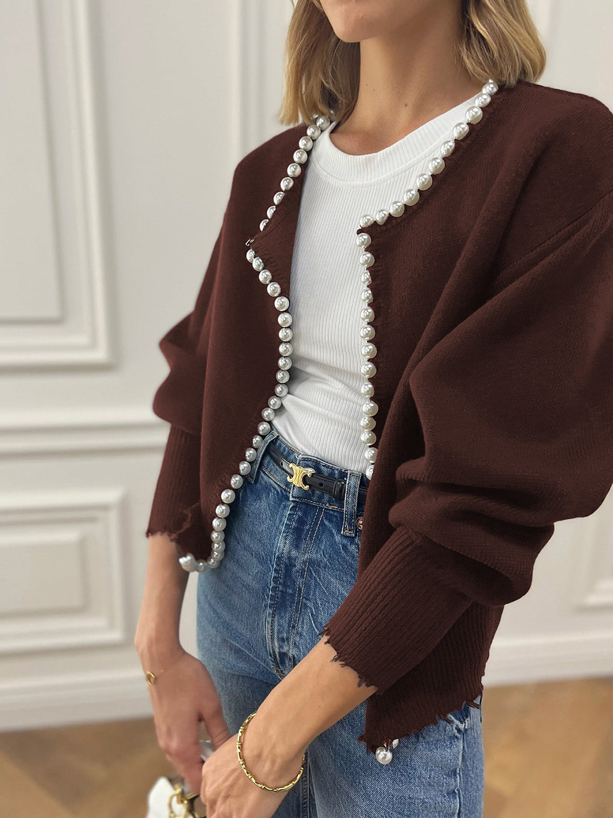 Women's soft knit cardigan with pearl trim detailing, classic round neckline, polished versatile layering piece