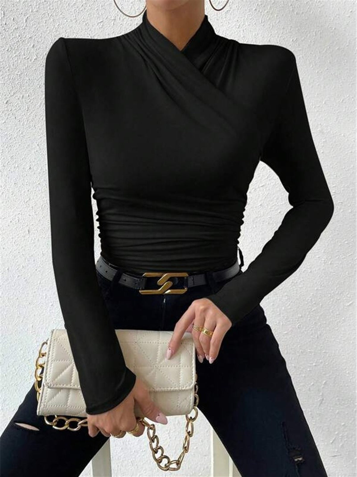 Women's silky stretch draped crossover long sleeve top figure-hugging fit in sleek design