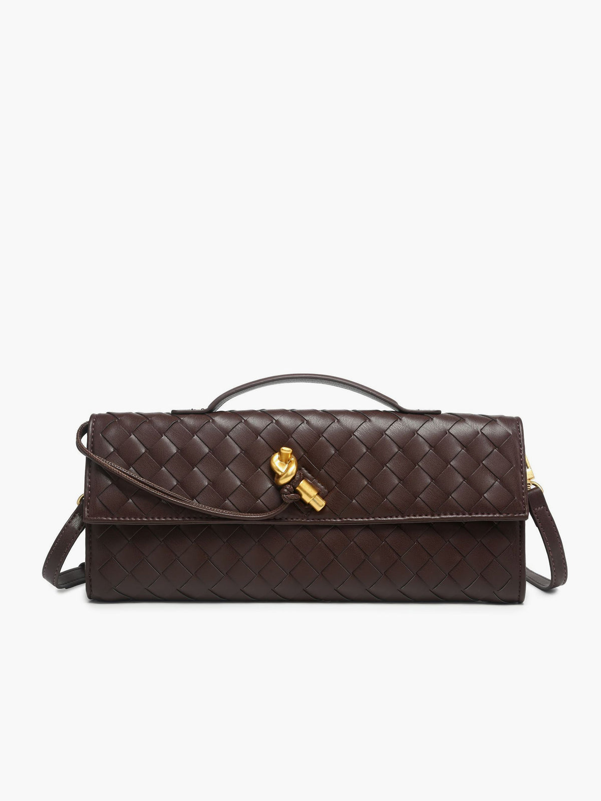 Burgundy woven flap clutch with bamboo twist lock closure, structured silhouette for dressy evenings