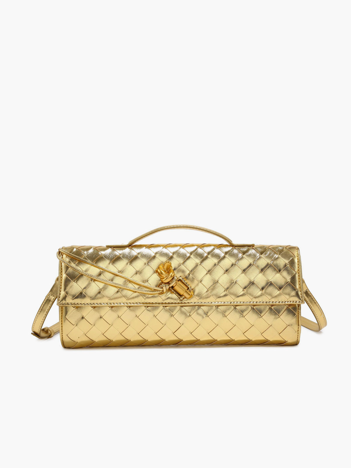 Burgundy woven flap clutch with bamboo twist lock closure, structured silhouette for dressy evenings