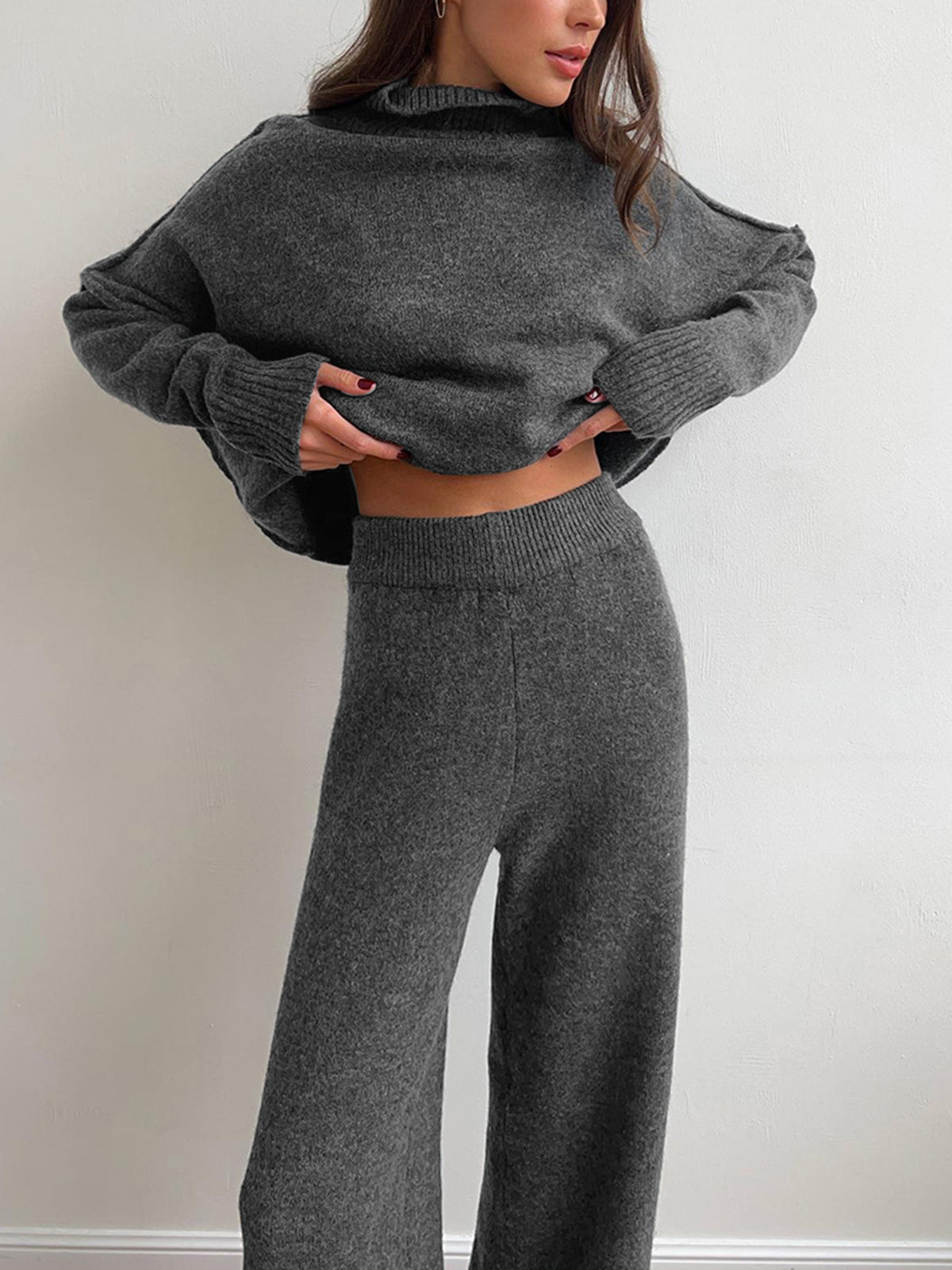 Women's ivory turtleneck sweater and pants matching set, soft breathable fabric, timeless elegant style