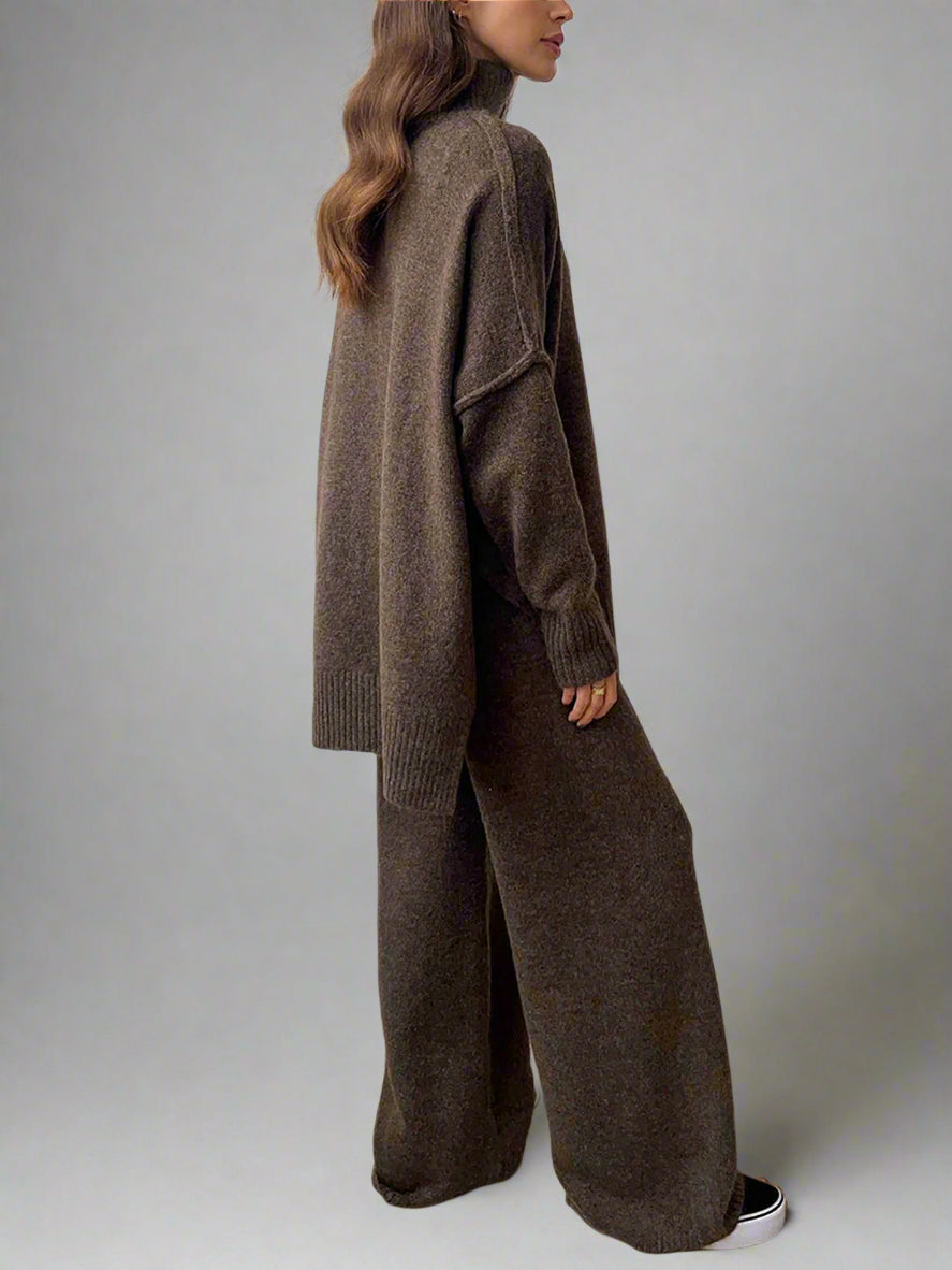 Women's soft knit lounge set slouchy turtleneck wide-leg pants textured cozy two-piece