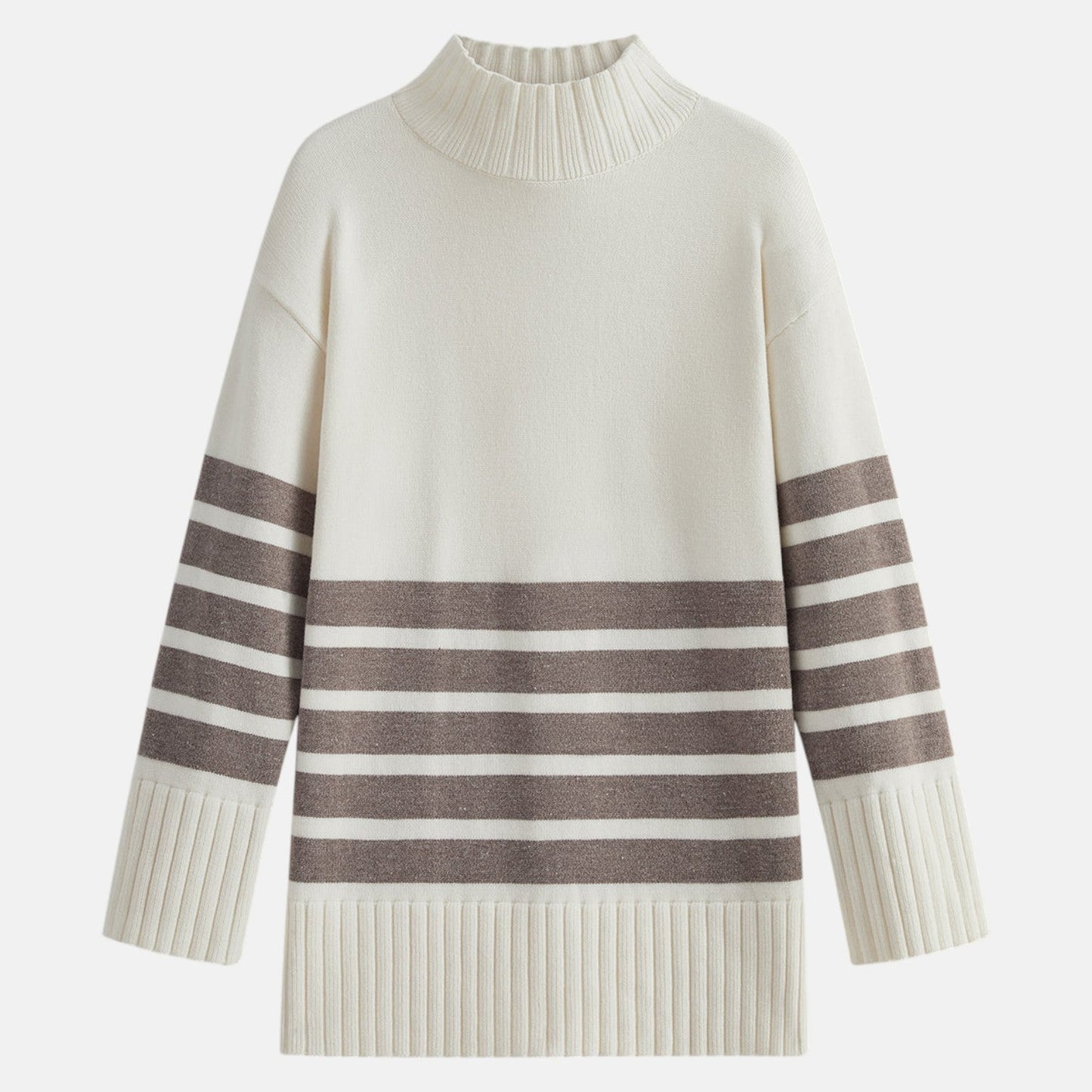 Women's cozy knit sweater stand-up collar stripe pattern soft warm casual feminine silhouette