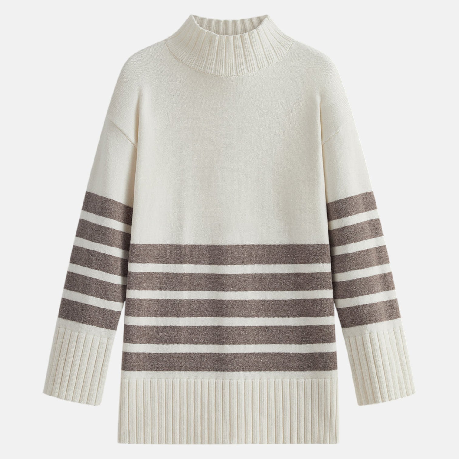 Women's cozy knit sweater stand-up collar stripe pattern soft warm casual feminine silhouette