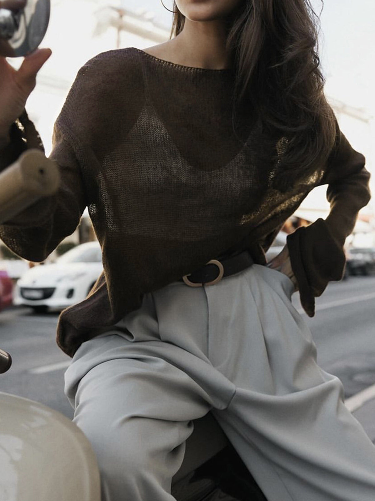 Sheer textured knit sweater relaxed silhouette lightweight layer rolled hem minimalist style