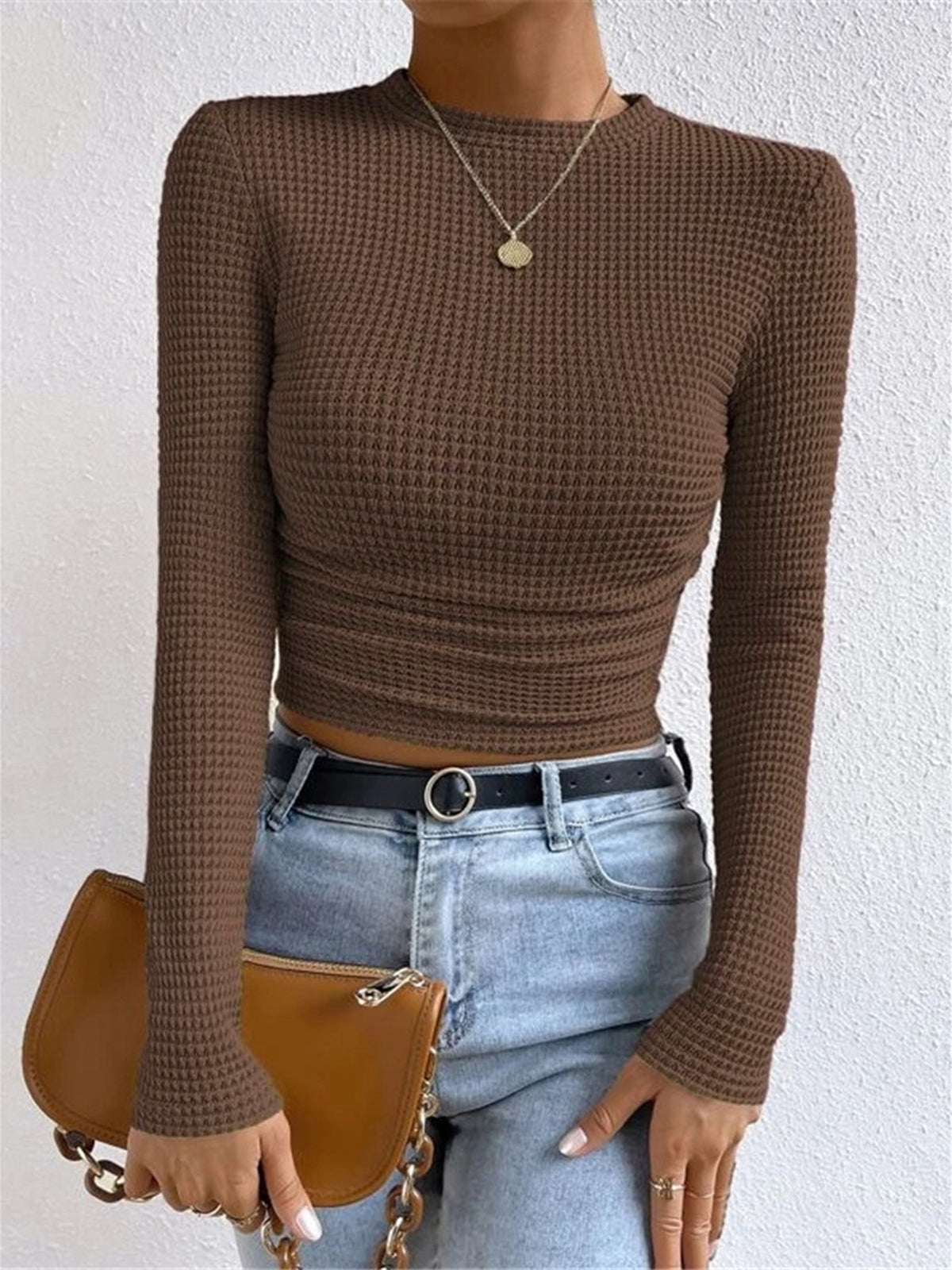 Women's beige waffle knit cropped long sleeve top with contoured silhouette everyday casual fit