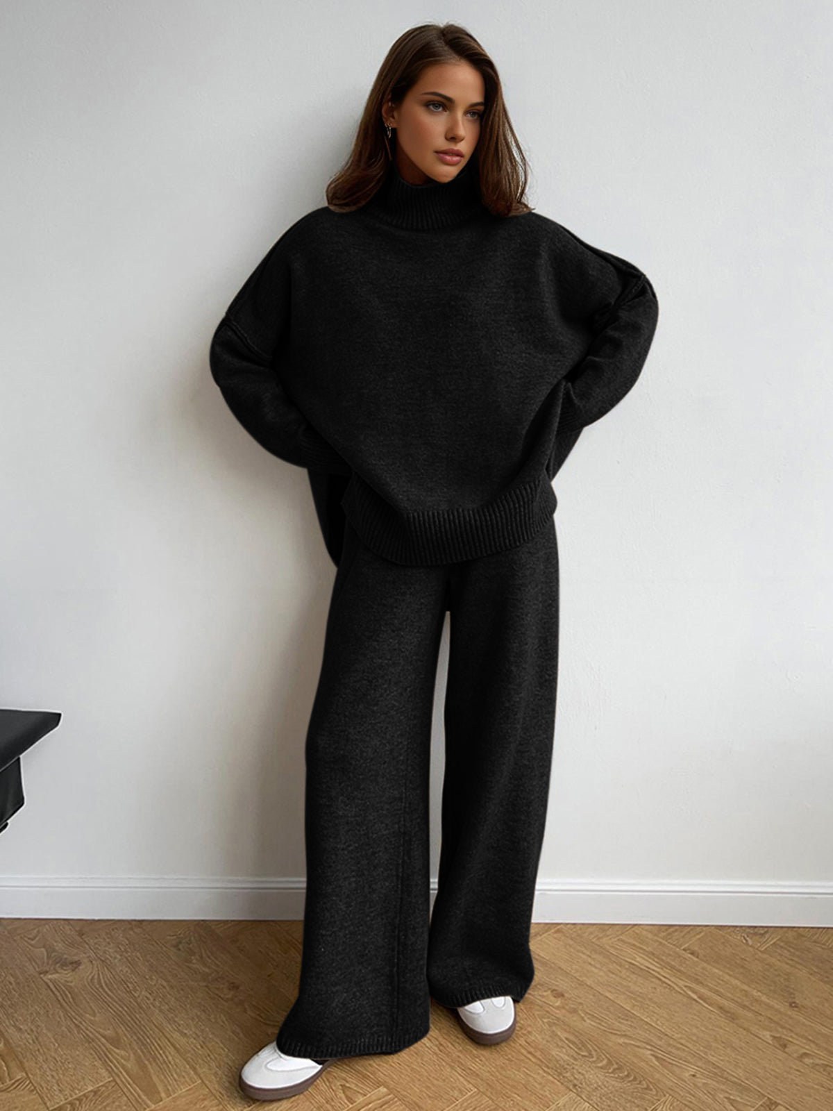 Women's beige turtleneck sweater and pants matching set, soft breathable fabric, timeless elegant style