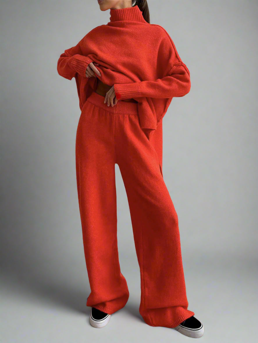 Women's soft knit lounge set slouchy turtleneck wide-leg pants textured cozy two-piece