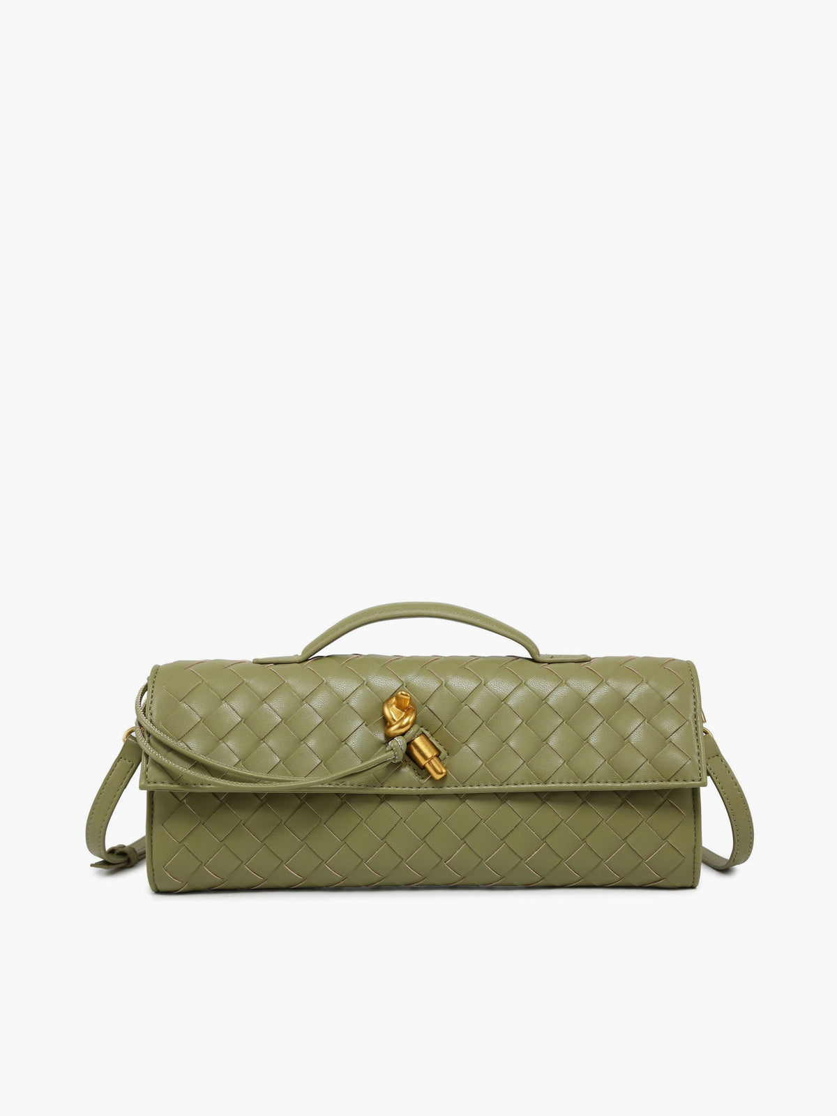 Burgundy woven flap clutch with bamboo twist lock closure, structured silhouette for dressy evenings
