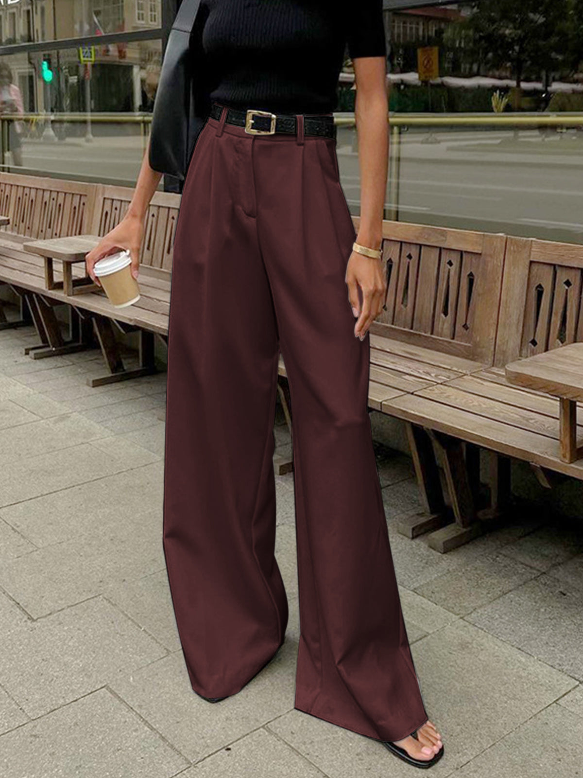 Women's wide-leg tailored trousers high-rise belted waist with elegant pleats for polished silhouette
