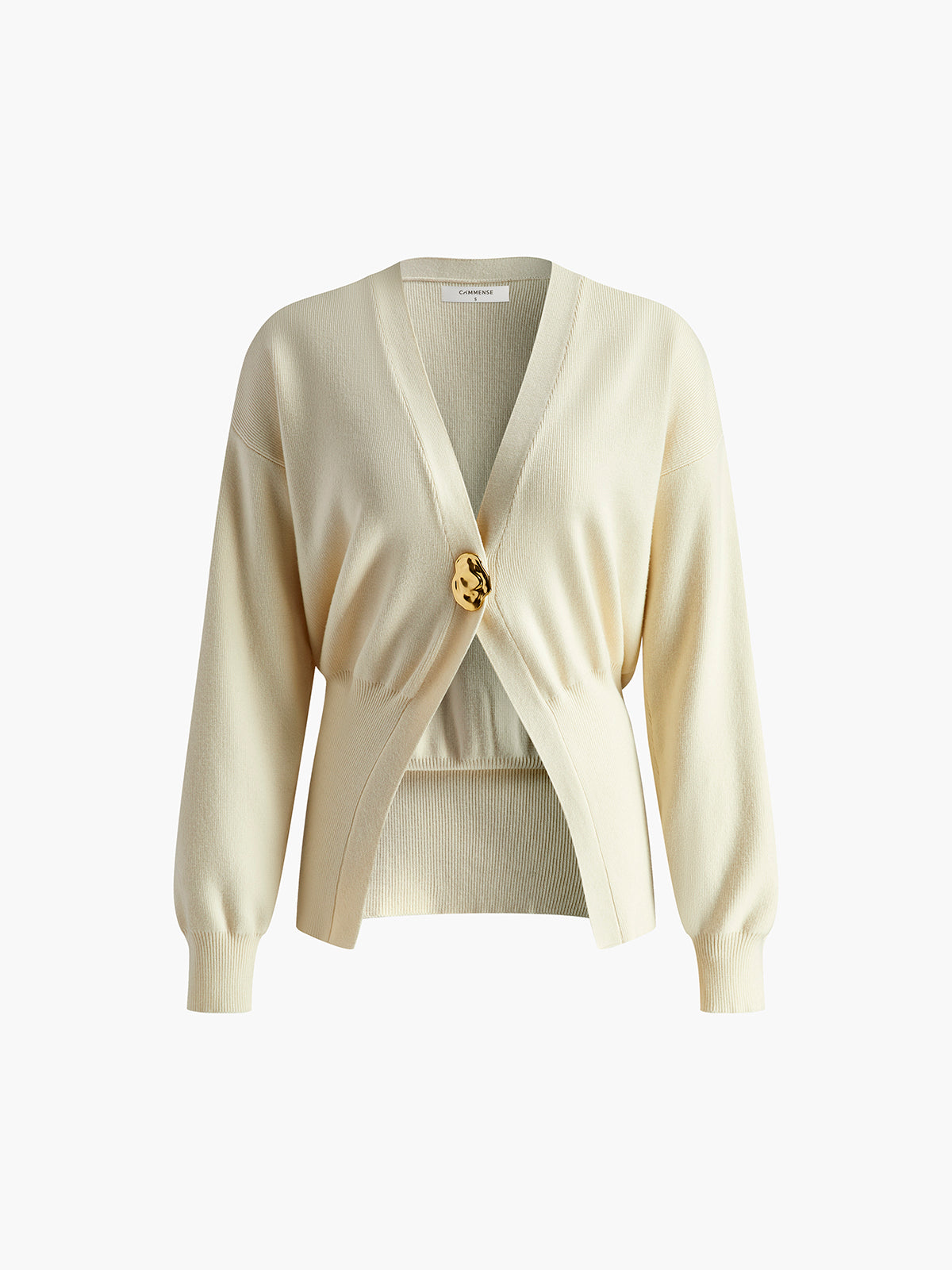 Women's solid color wool cardigan with golden button closure, timeless silhouette for versatile everyday wear