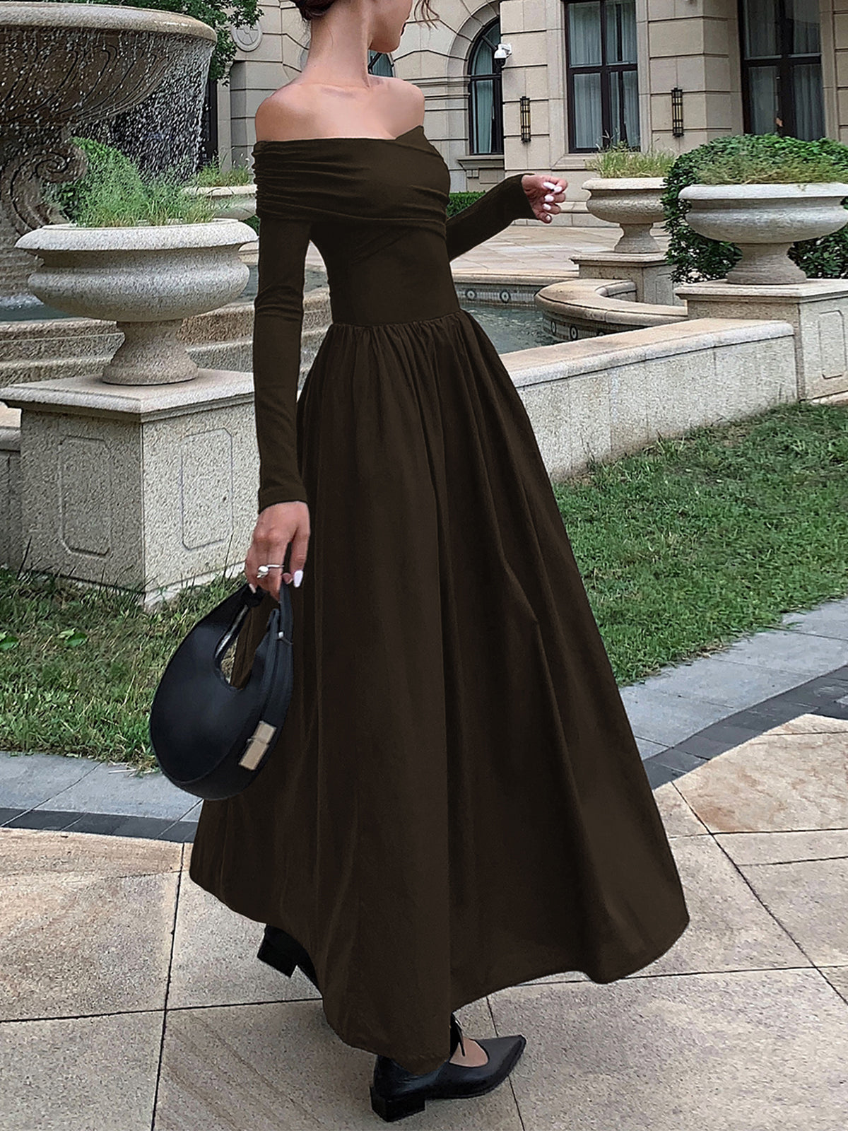 Elegant off-shoulder criss-cross long dress for women, flattering evening wear with open-shoulder detail