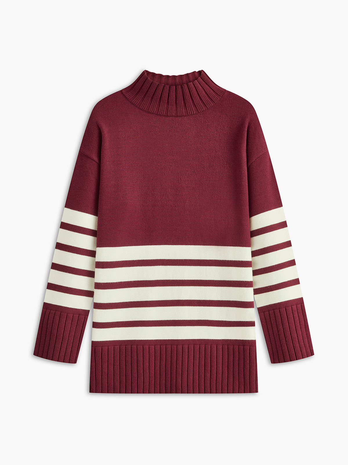 Women's oversized mock neck knit sweater with bold contrast stripes, cozy relaxed fit