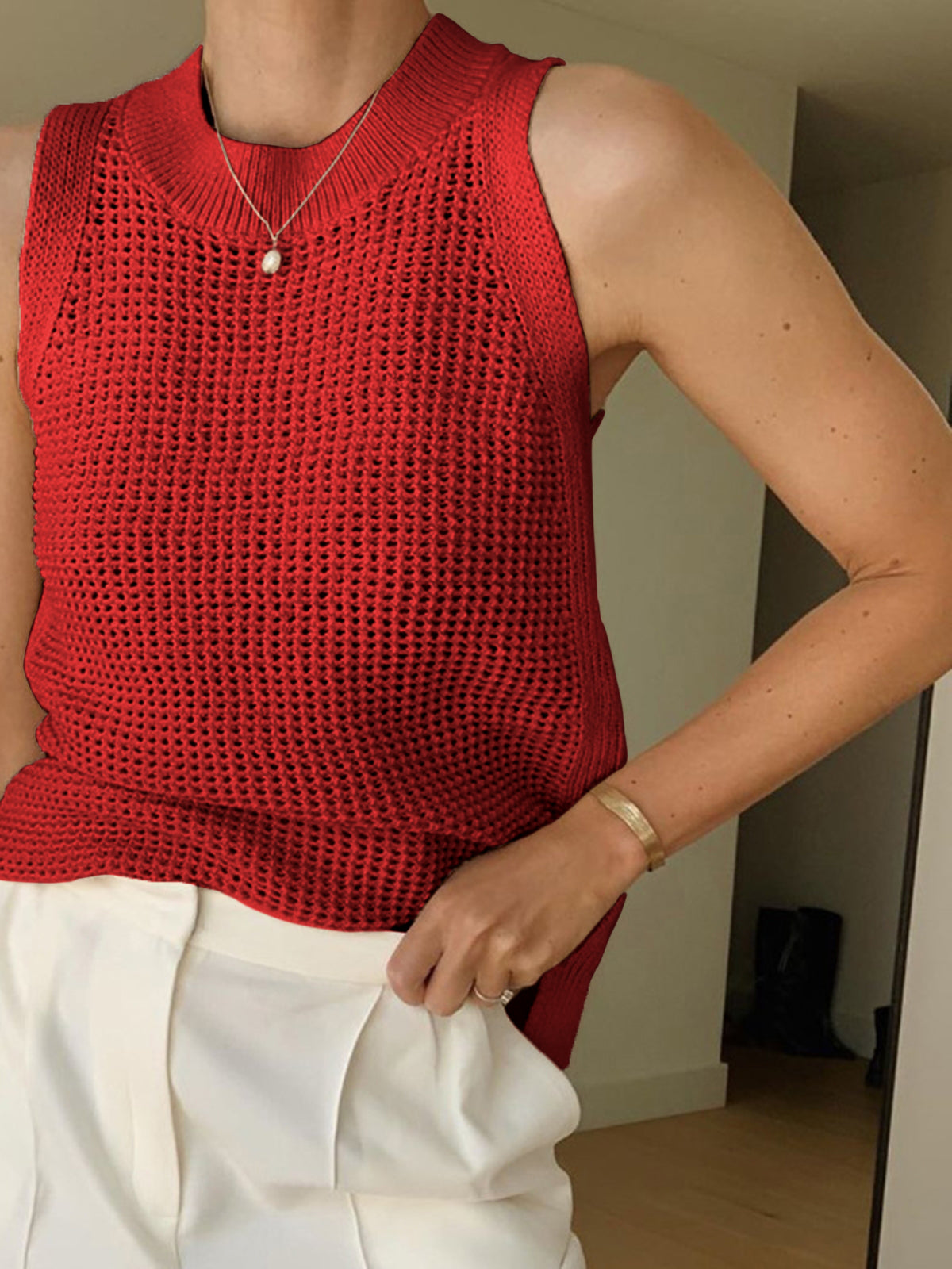 Women's open weave knit hollow tank top with thick ribbed collar, breathable solid design for layering