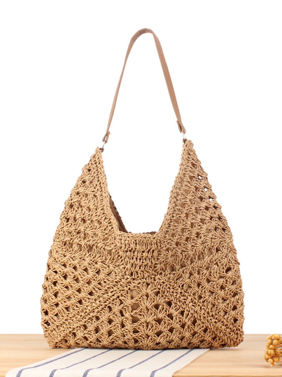 Boho crochet shoulder bag black natural geometric granny square handcrafted single strap beach style
