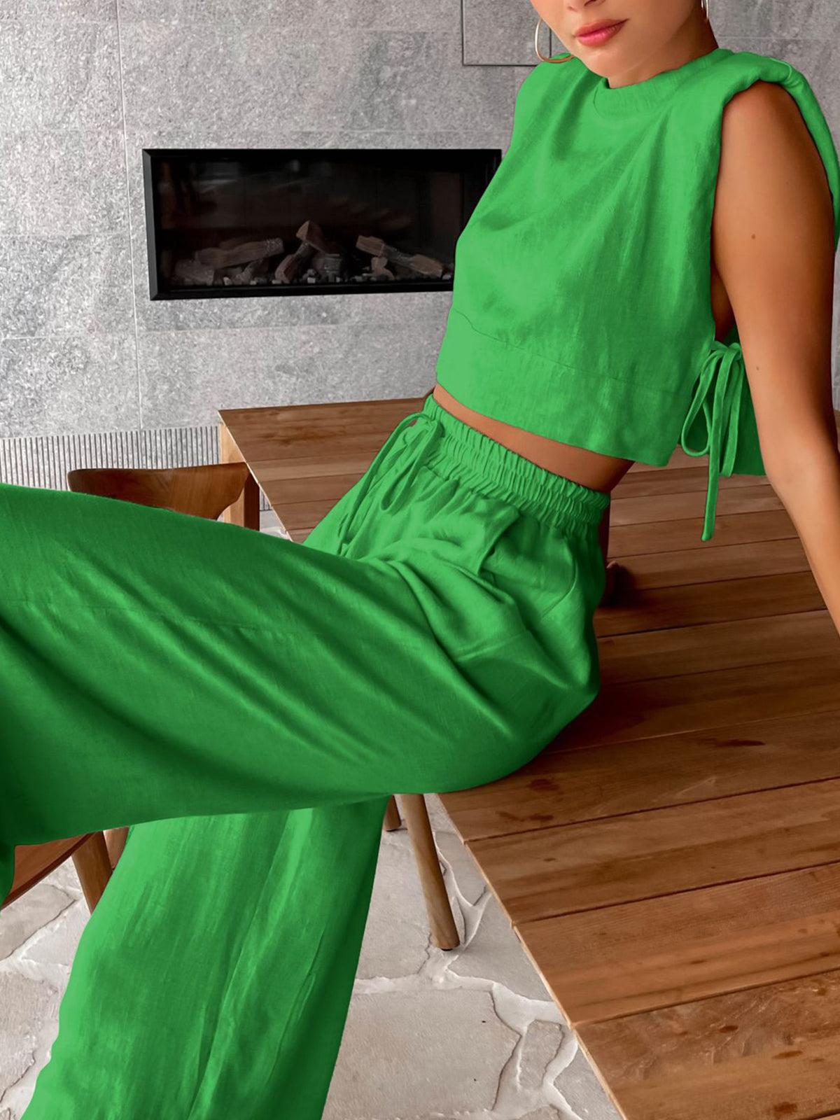 Women's linen wide-leg pants two-piece set lightweight breathable plain casual everyday outfit