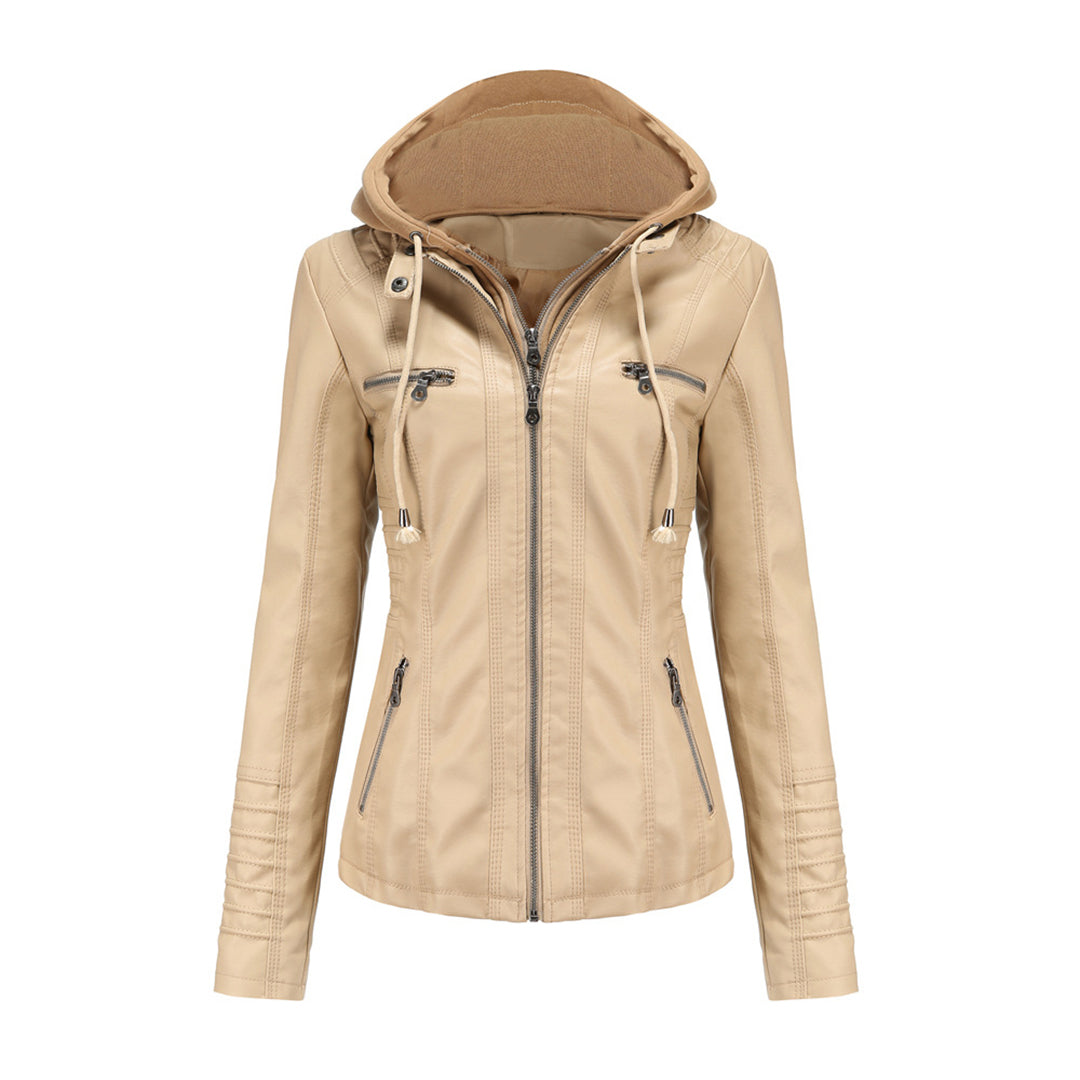 Women's slim-fit faux leather hooded zip-up biker jacket in bold urban streetwear style