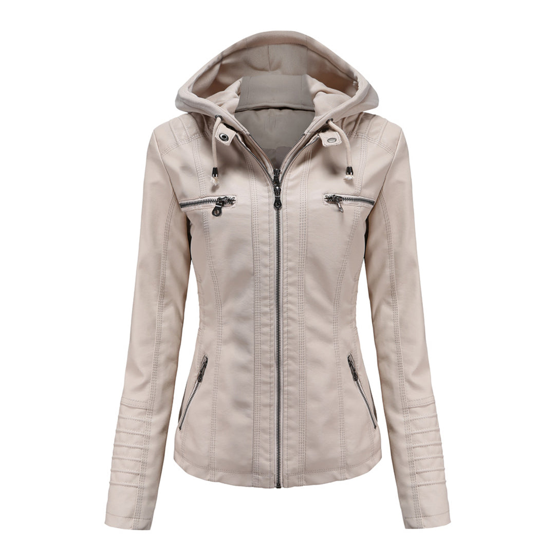 Women's slim faux leather hooded zip-up biker jacket with urban streetwear edge