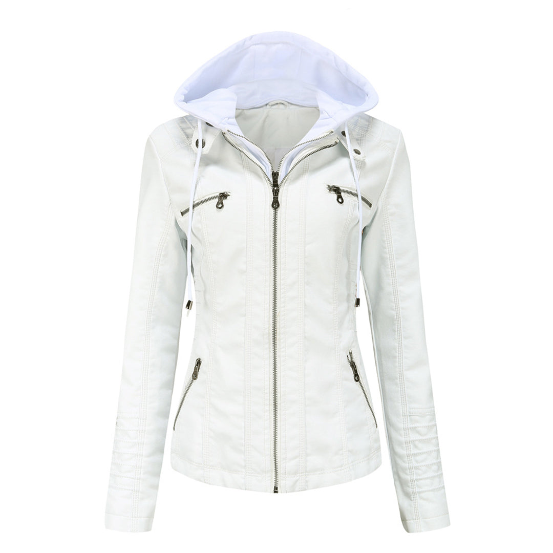 Women's slim-fit faux leather hooded zip-up biker jacket in bold urban streetwear style