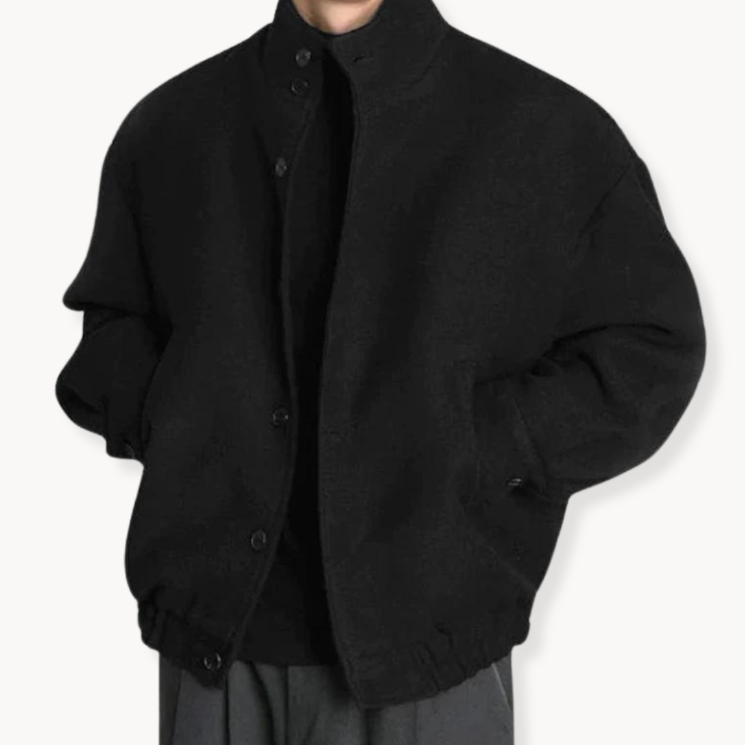 Men's dark jacket stand-up collar button closure cuffed sleeves timeless tailored versatile layer