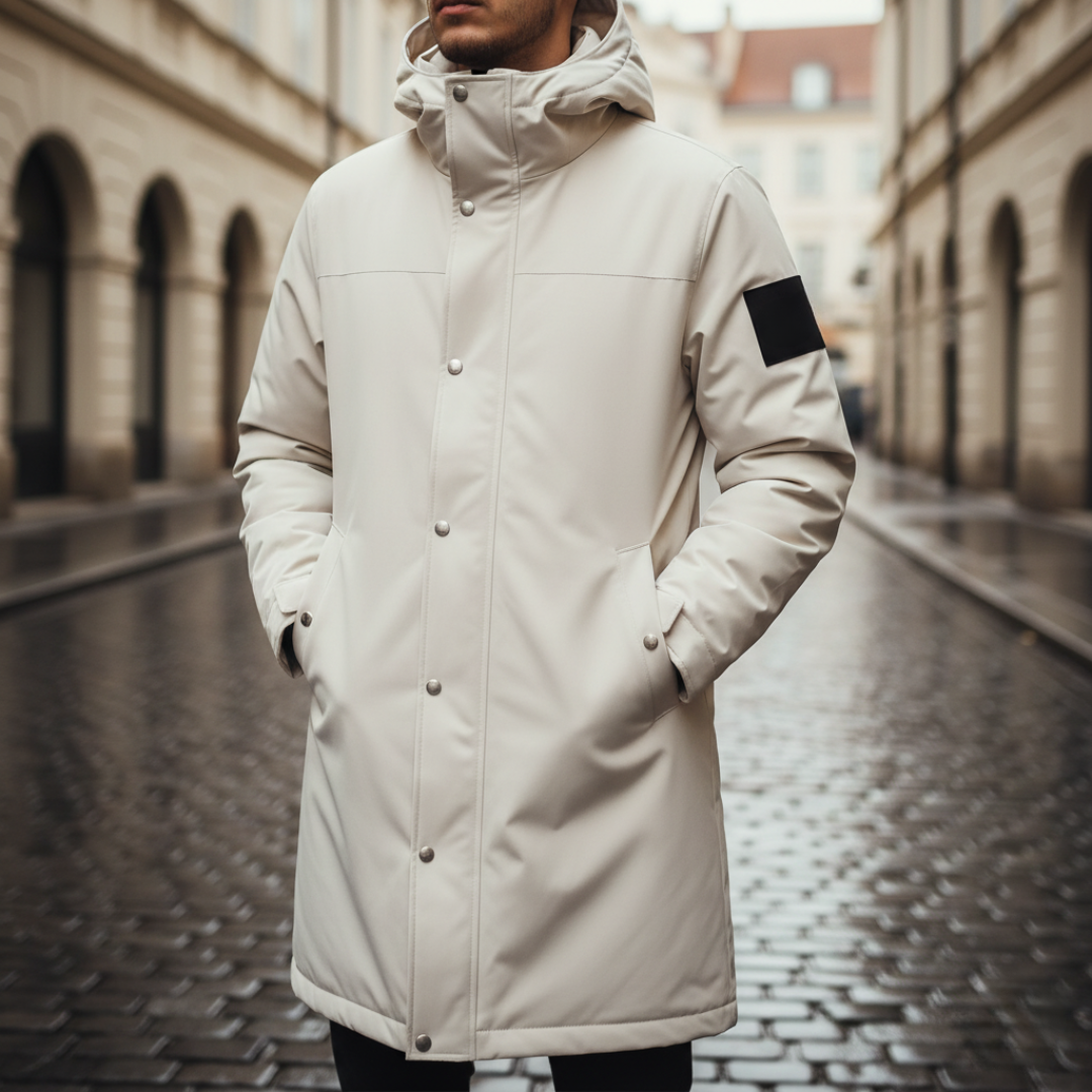 Men's double-breasted winter coat in blue black or khaki structured polished cut premium cold-weather fabric