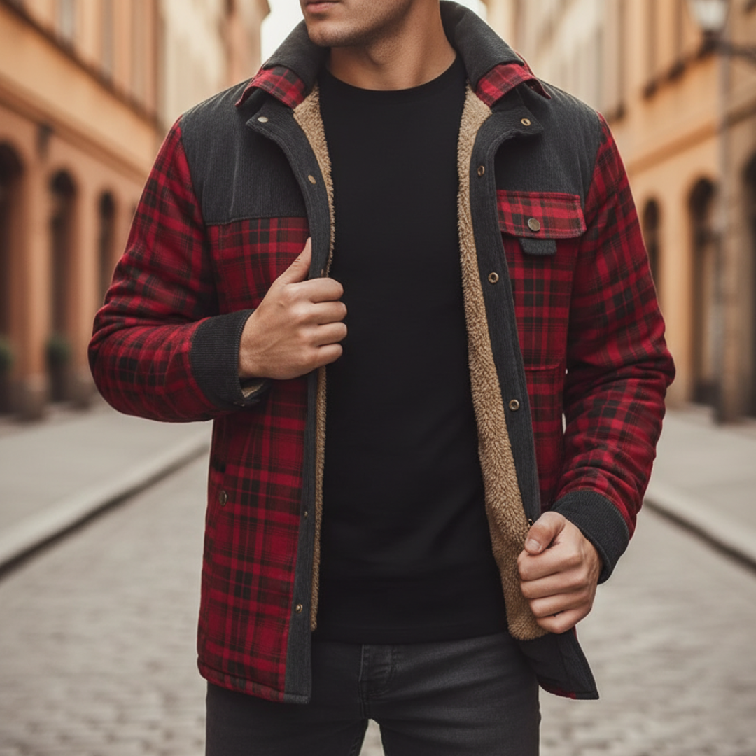 Men's plaid wool flannel sherpa shirt jacket with shearling lining for cold-weather warmth
