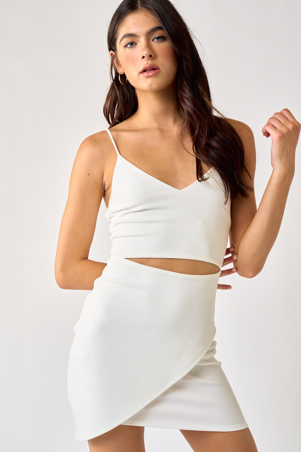 Black bodycon mini dress spaghetti straps front cutout curve-hugging silhouette night out style