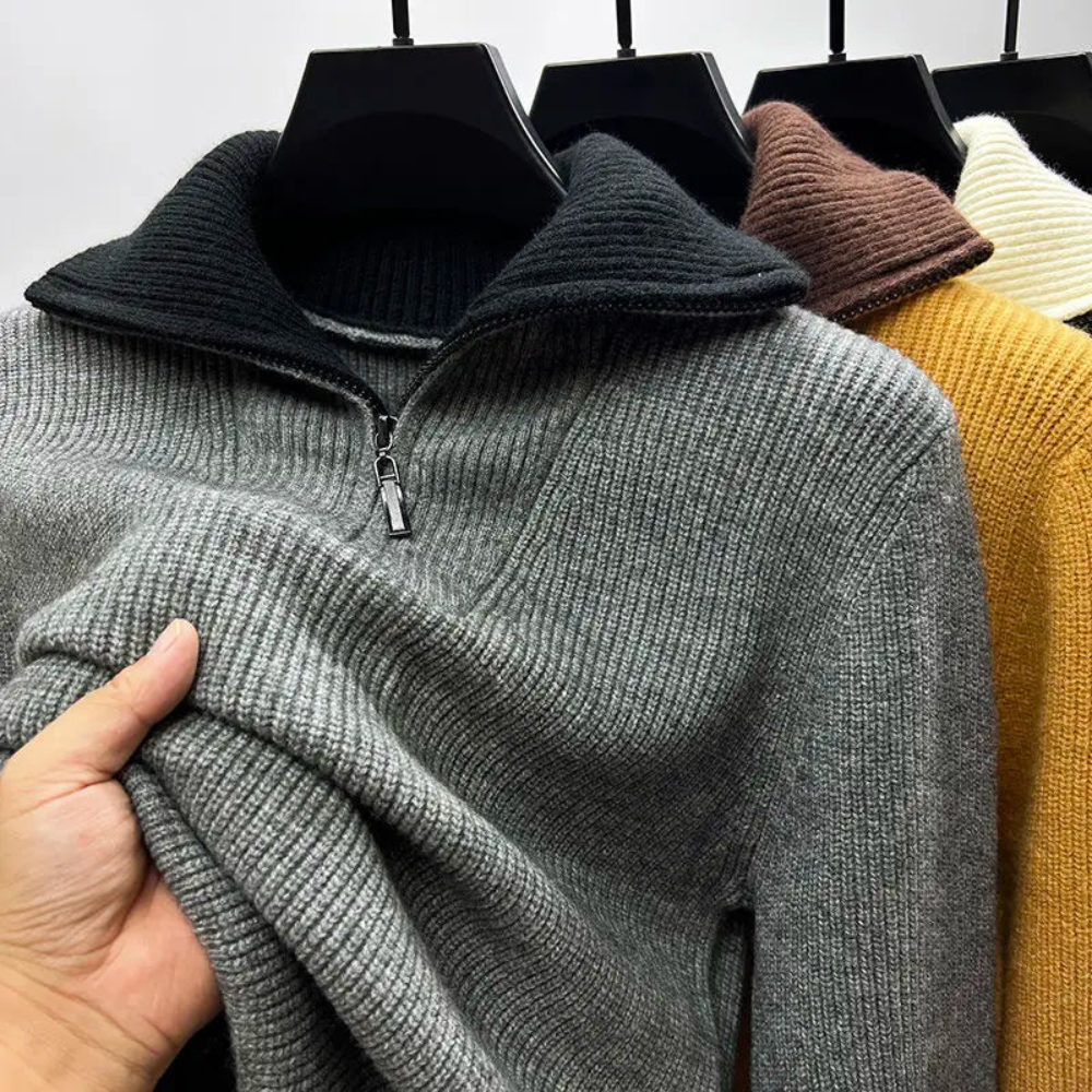 Men's relaxed fit ribbed knit sweater with zip high collar, casual everyday style