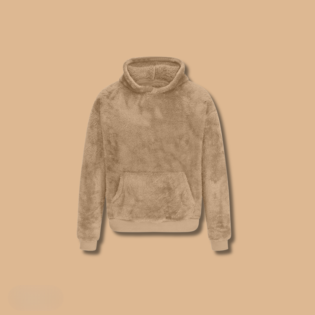 Beige unisex teddy bear hoodie relaxed fit ultra-soft plush faux fur sweatshirt
