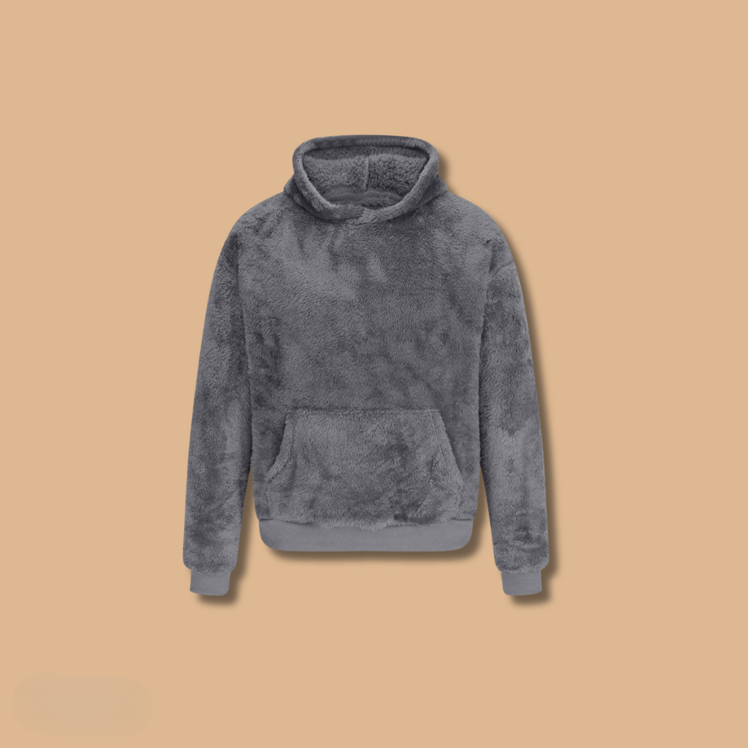 Beige unisex teddy bear hoodie relaxed fit ultrasoft plush faux fur cozy sweatshirt