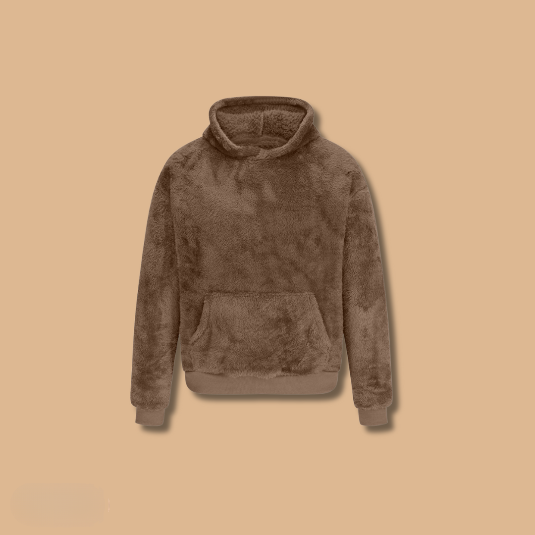 Beige unisex teddy bear hoodie relaxed fit ultra-soft plush faux fur sweatshirt