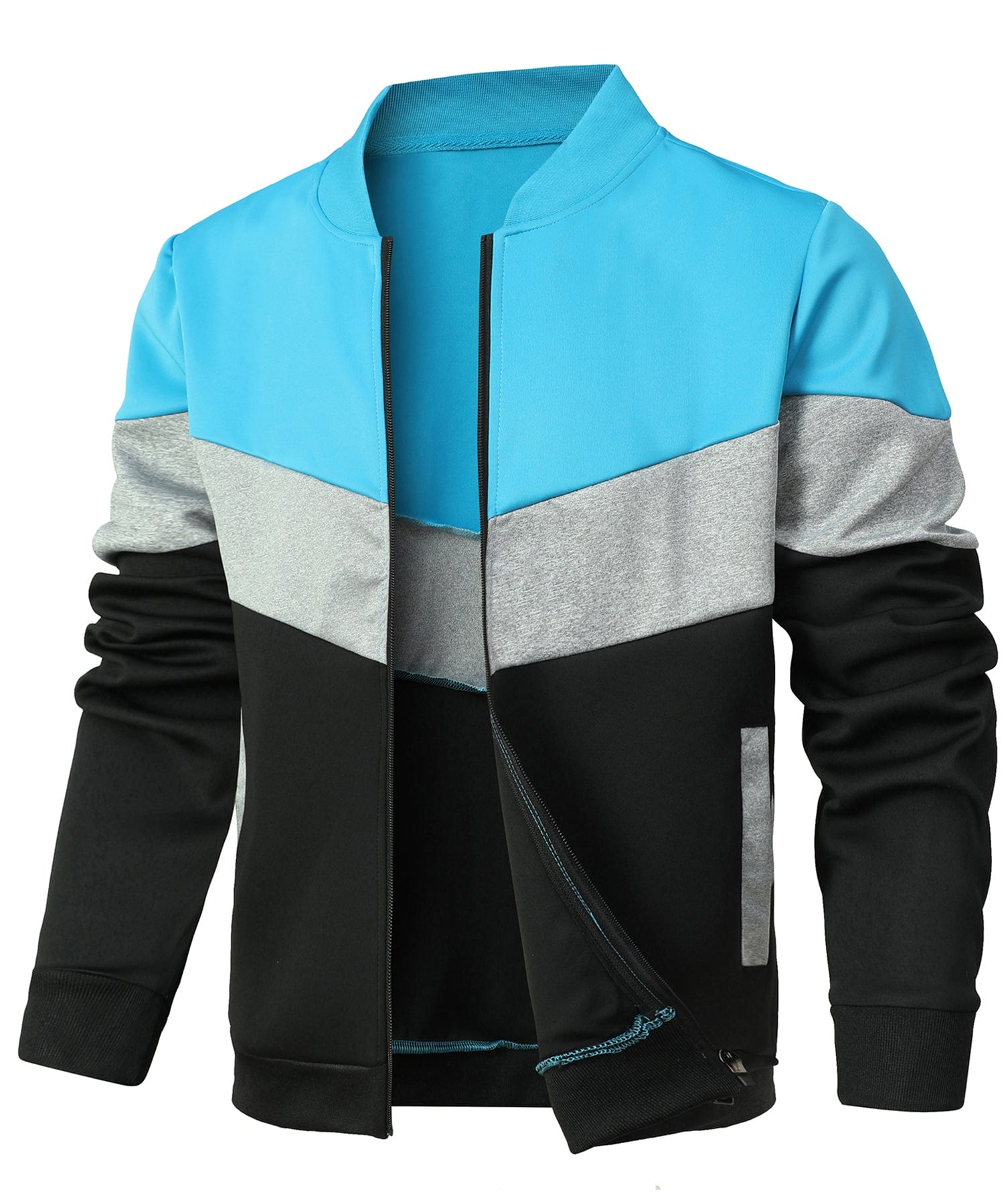 Men's navy blue color block hip-length bomber jacket with zip front and ribbed collar