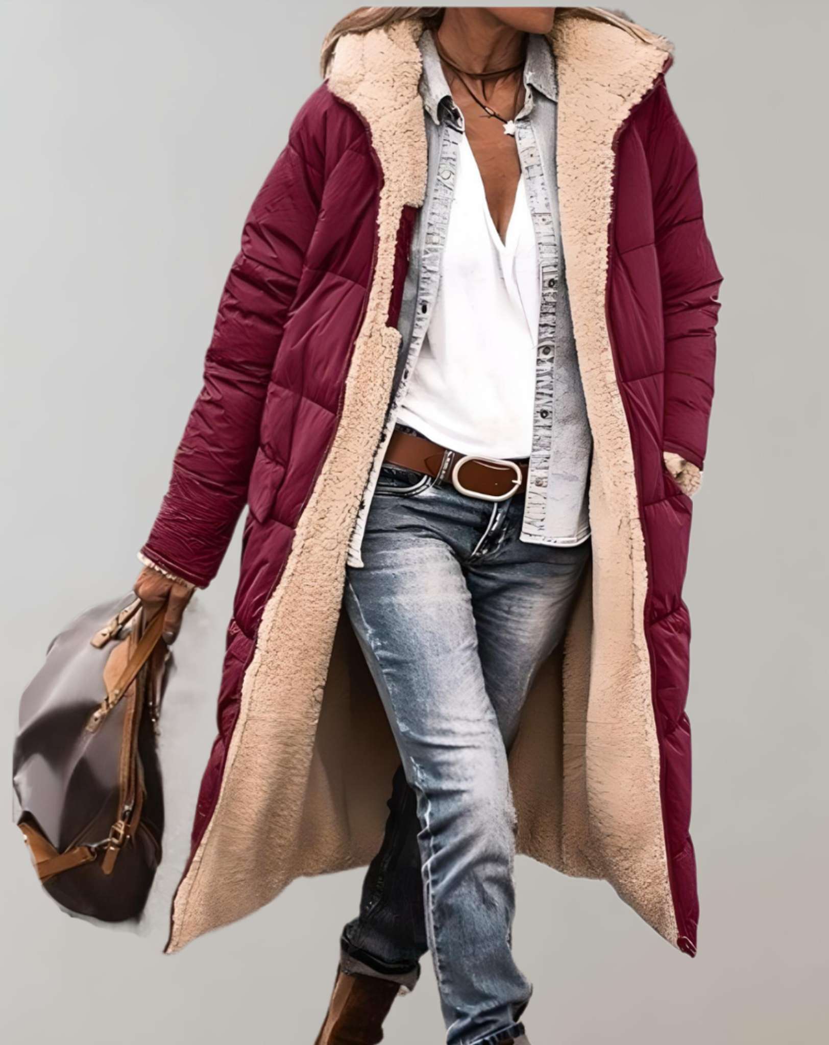 Women's winter quilted coat with fleece lining, chic long silhouette for cold days
