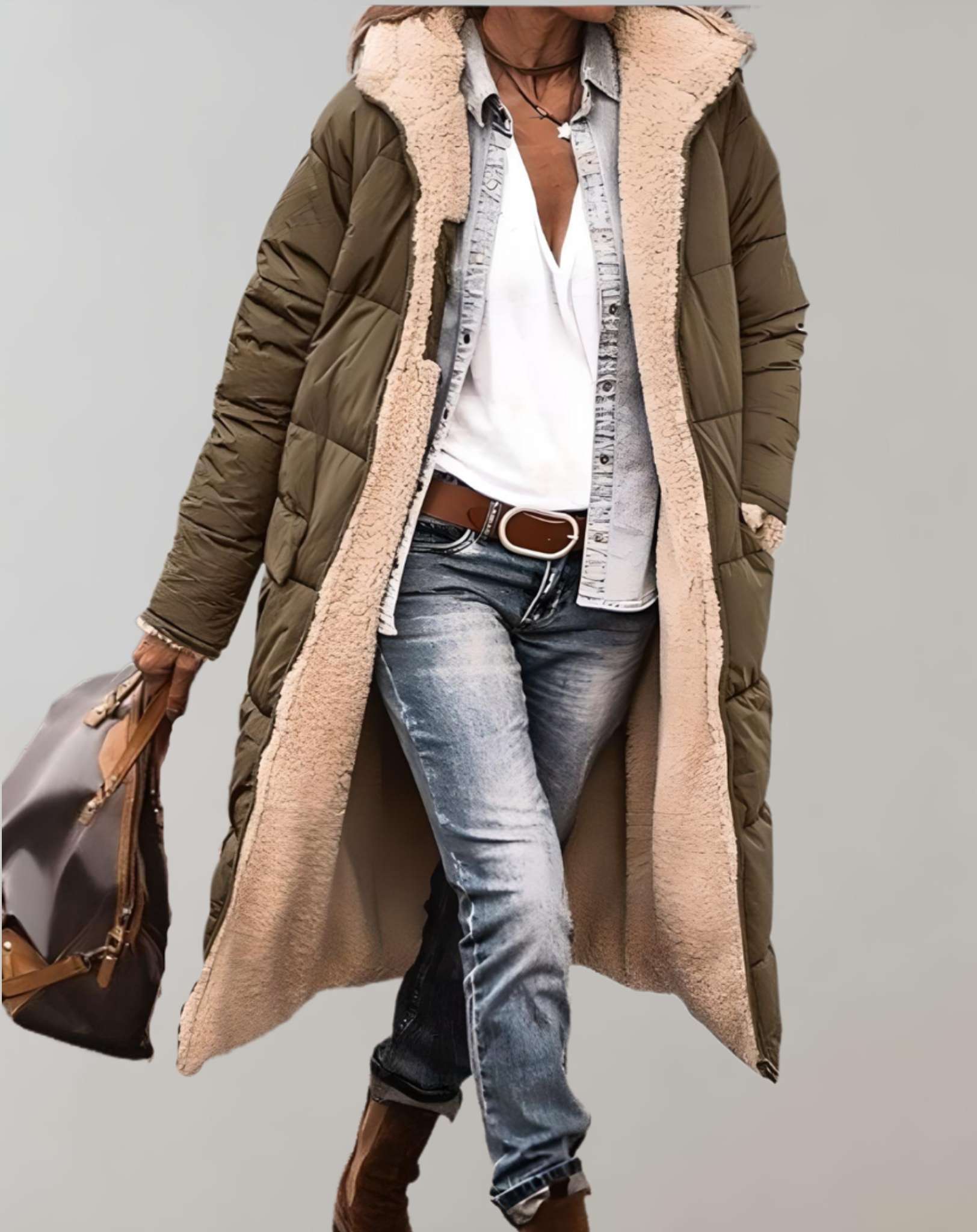 Women's winter quilted coat with fleece lining, chic mid-length silhouette for cold days