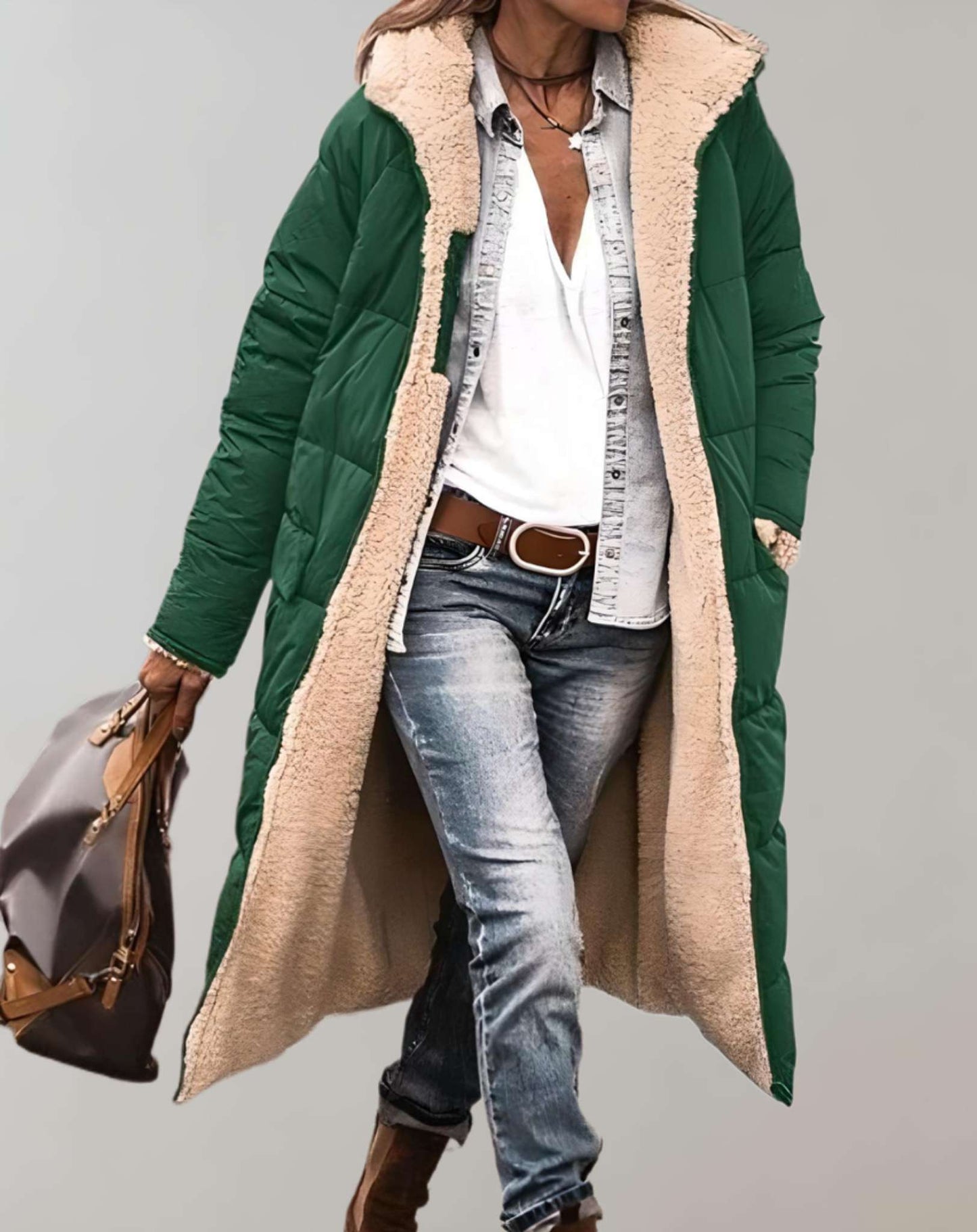 Women's winter quilted coat with fleece lining, chic style, warm and elegant cold-weather essential