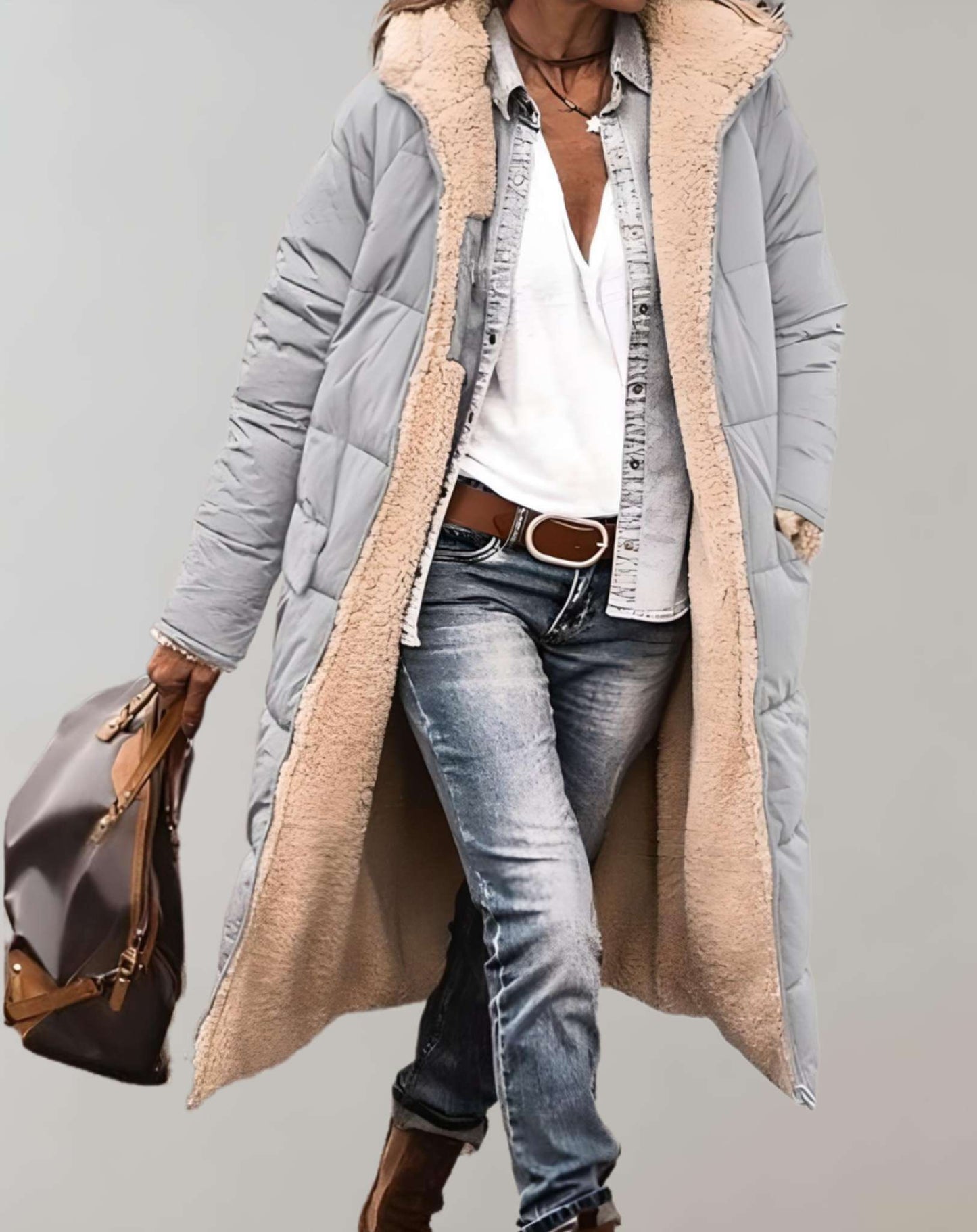 Women's winter quilted coat with fleece lining, chic tailored silhouette for cold days