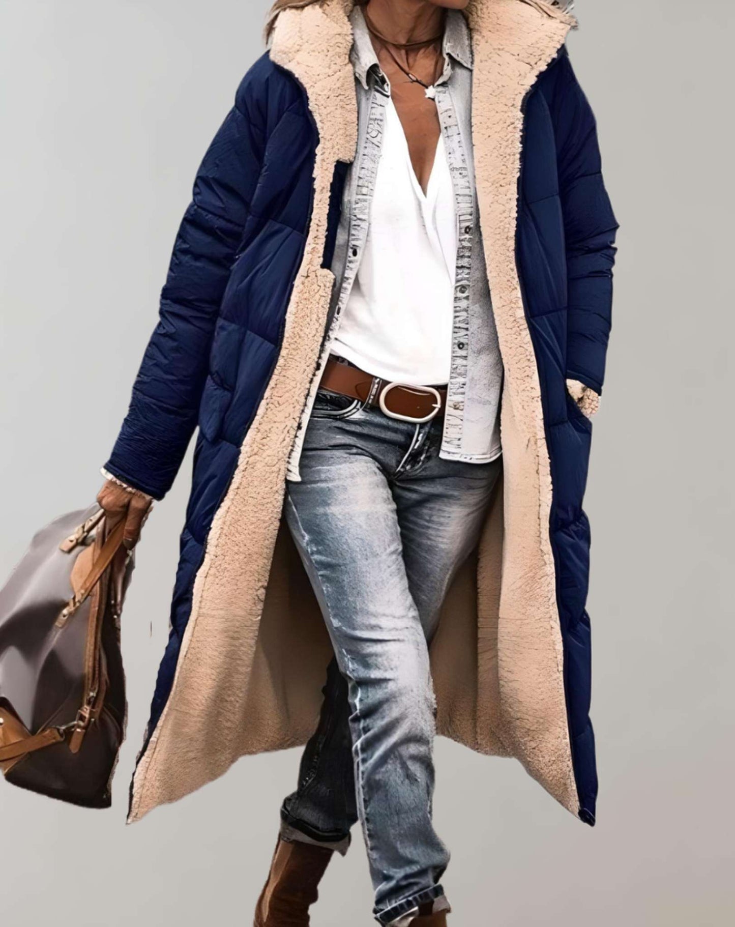 Women's full-length quilted puffer coat relaxed fit with cozy hood for warmth and everyday style