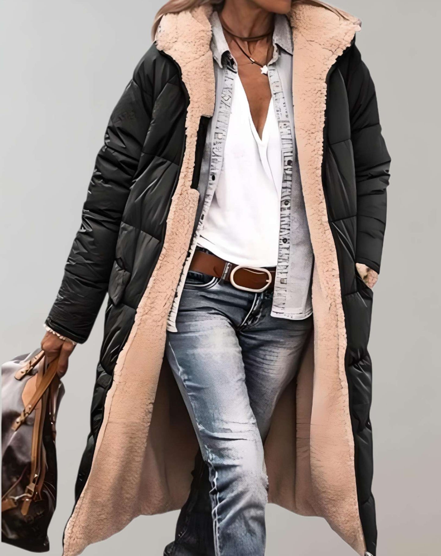 Women's winter quilted coat with fleece lining, chic elegant style for cold days
