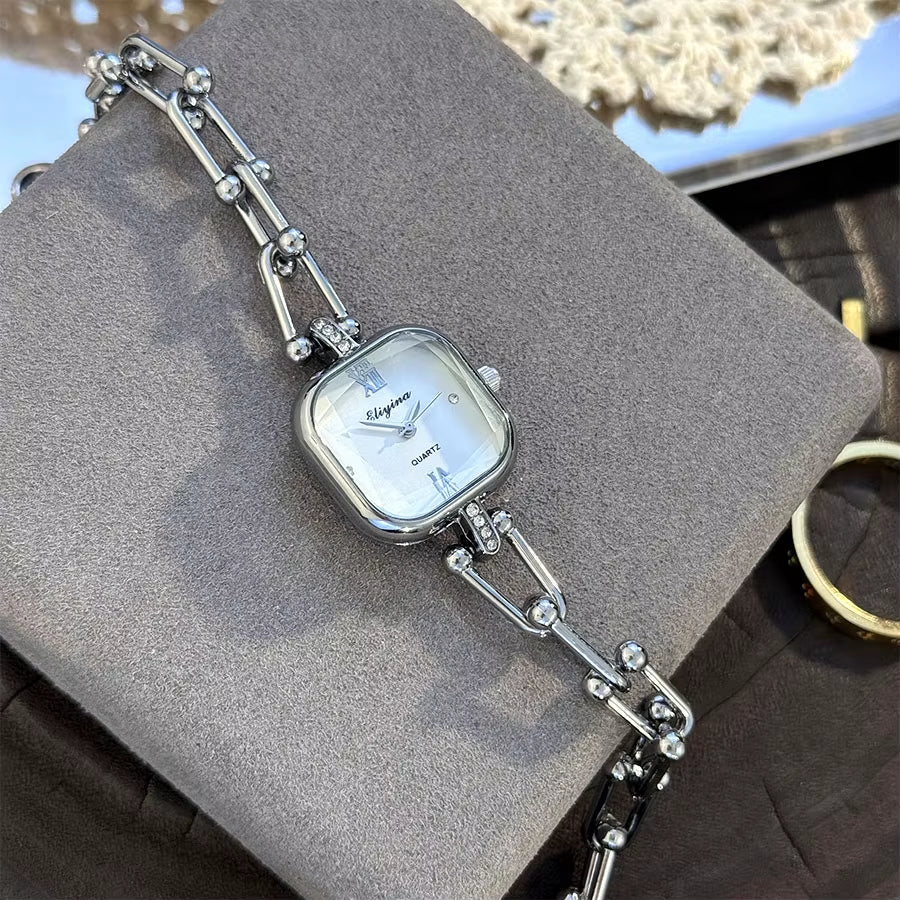 Women's baroque chain link bracelet watch bold square dial chunky sculptural gold jewelry timepiece