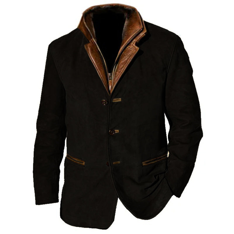 Men's dark winter jacket notch lapel button closure business casual slim fit versatile outer layer