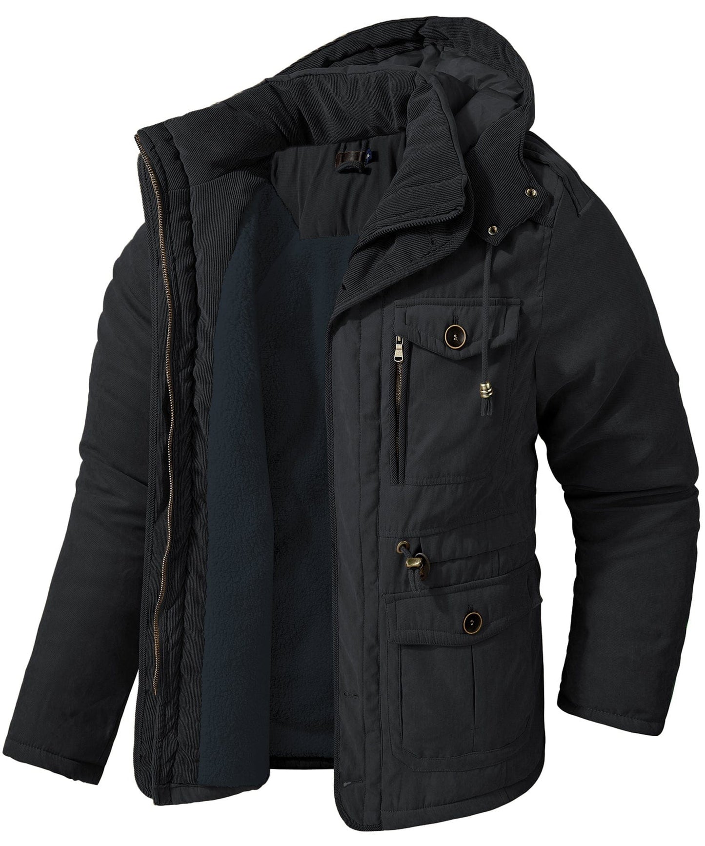 Men's Rowan insulated winter jacket, navy blue fleece-lined polyester with adjustable hood